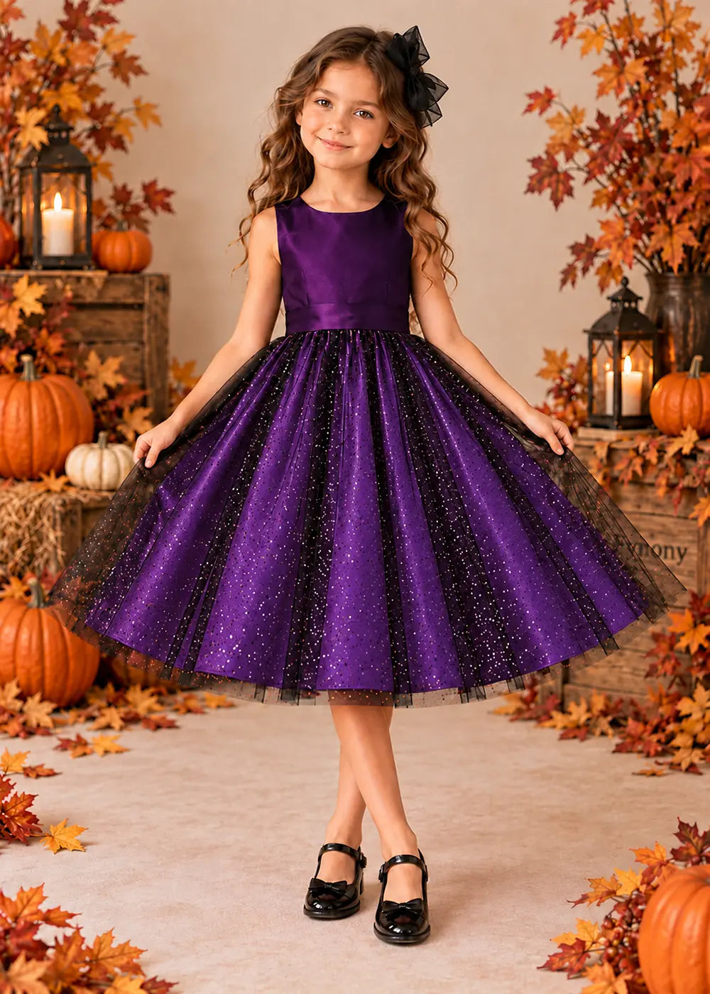 Front view of a purple sleeveless Flower Girl Dress with Back Bow.
