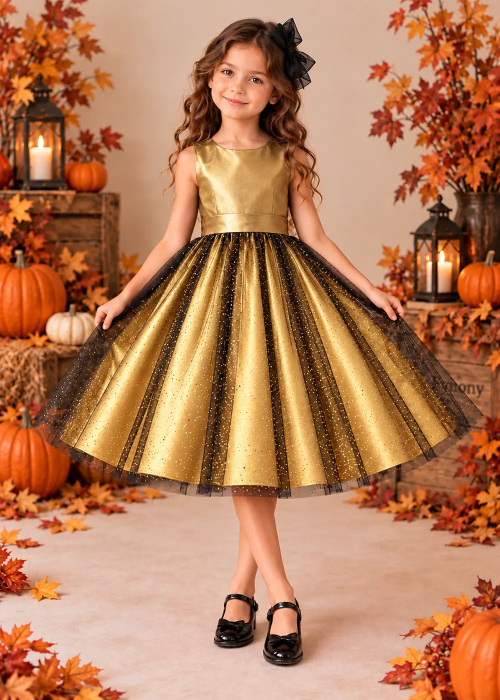 Front view of a yellow sleeveless Flower Girl Dress with Back Bow.