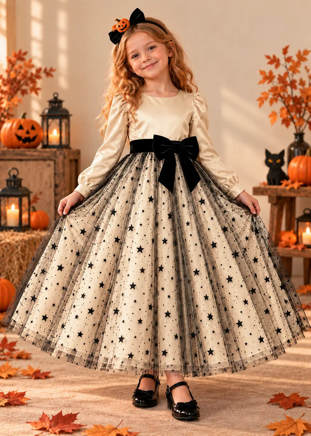 Front view of a champagne long-Sleeve Star Tulle Flower Girl Dress with Bow.