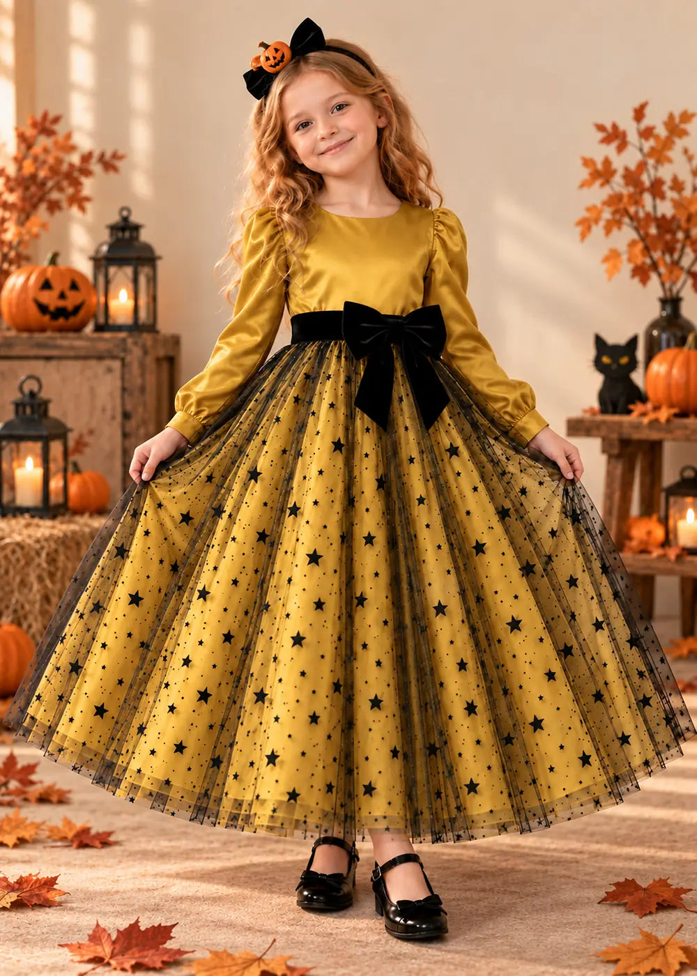 Front view of a gold long-Sleeve Star Tulle Flower Girl Dress with Bow.