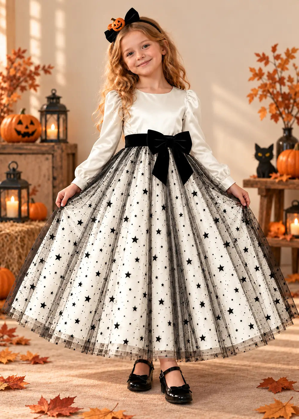 Front view of a ivory long-Sleeve Star Tulle Flower Girl Dress with Bow.
