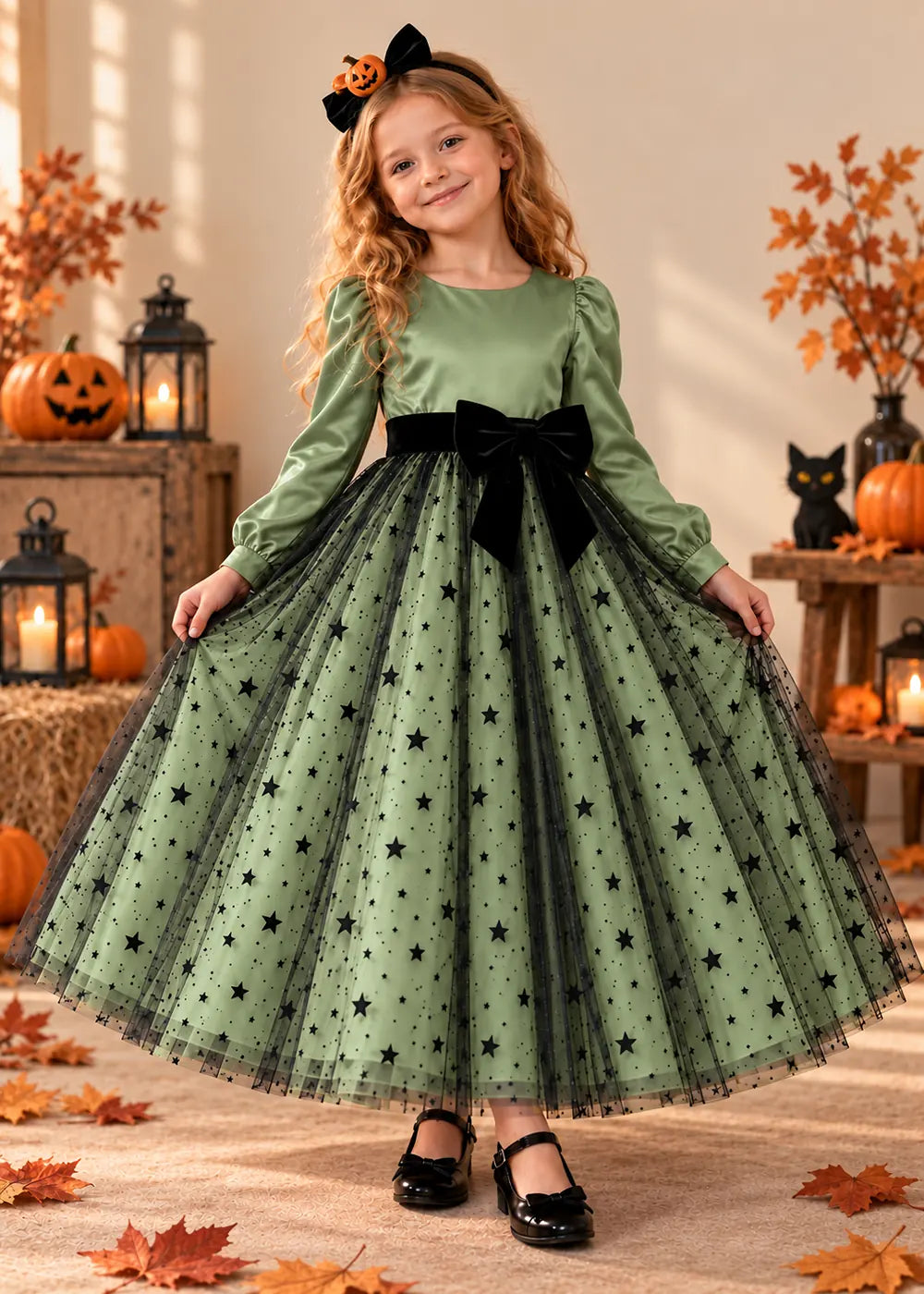 Front view of a sage green long-Sleeve Star Tulle Flower Girl Dress with Bow.