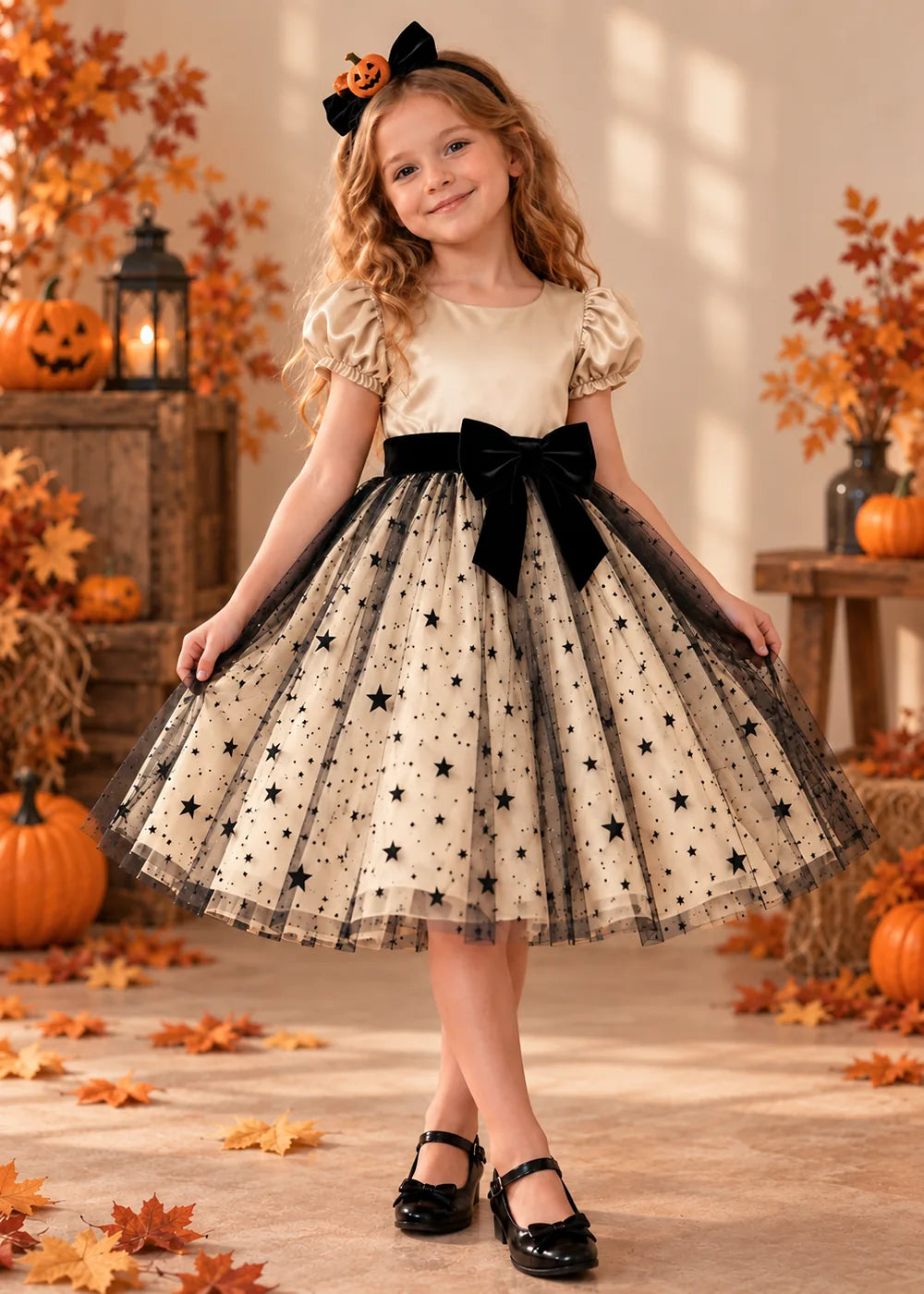 Front view of a champagne star Tulle Flower Girl Dress with Puff Sleeves and Bow.