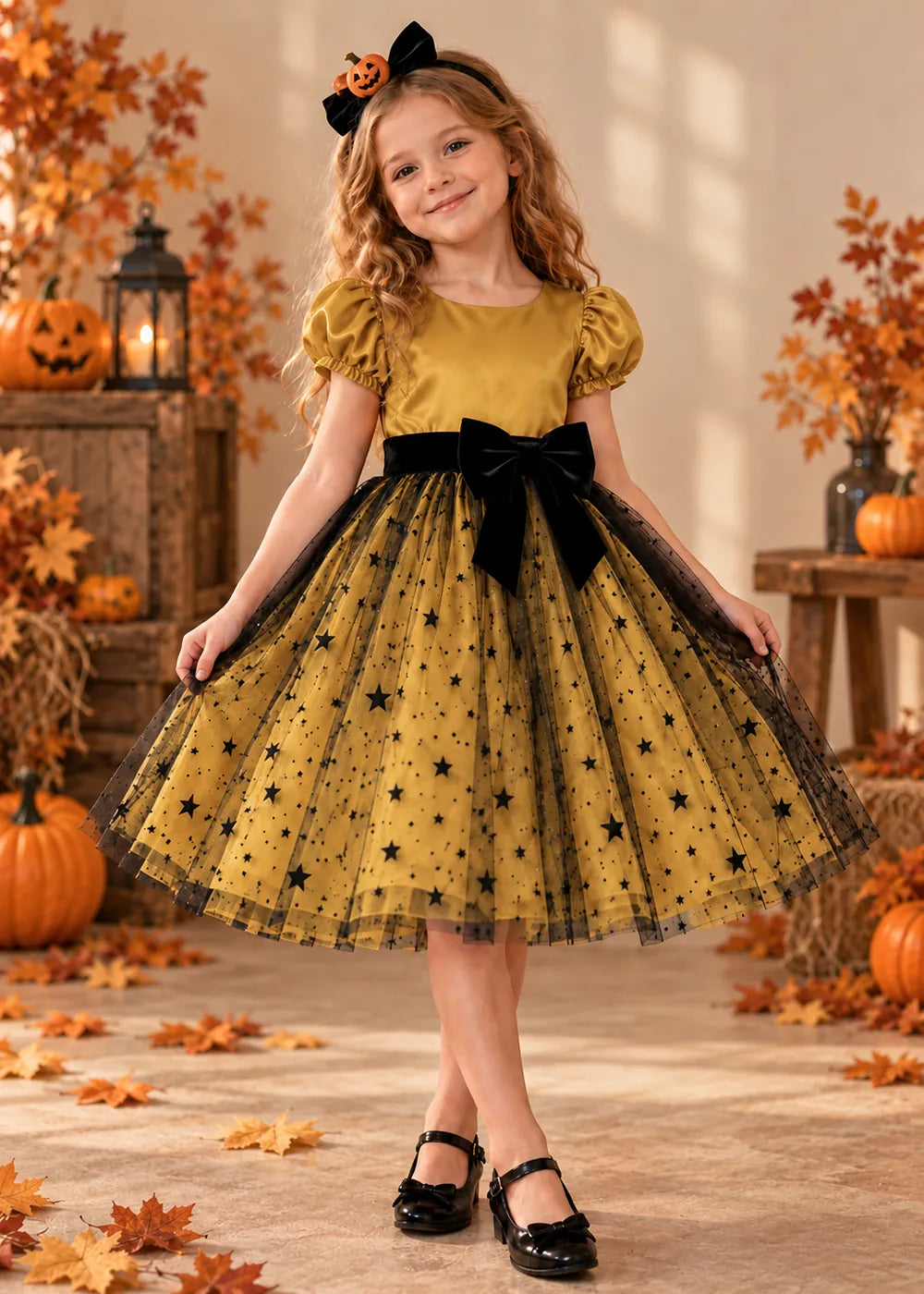 Front view of a gold star Tulle Flower Girl Dress with Puff Sleeves and Bow.