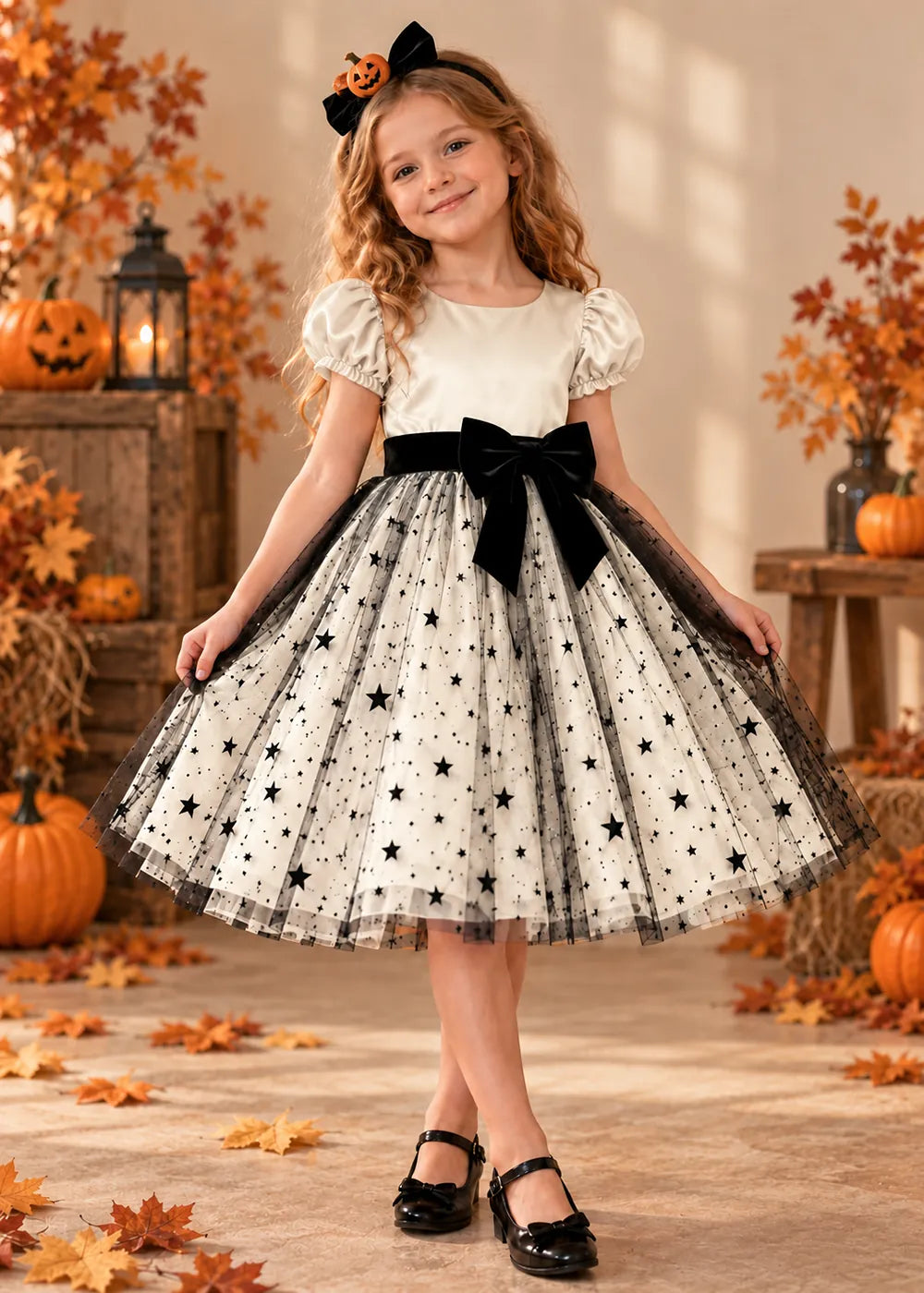 Front view of a ivory star Tulle Flower Girl Dress with Puff Sleeves and Bow.