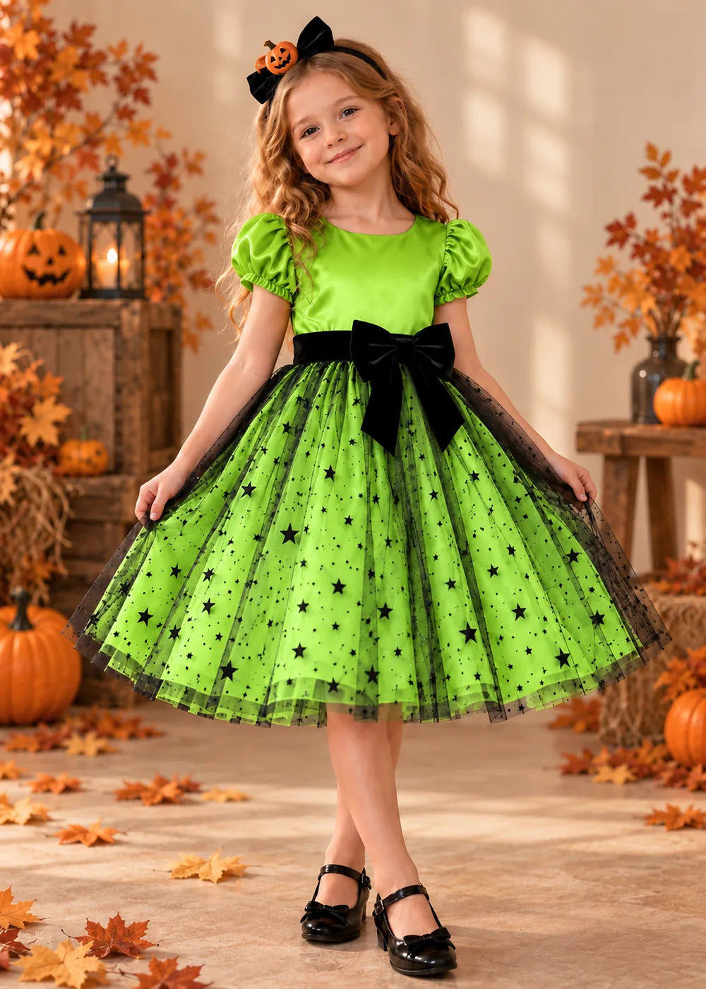 Front view of a light green star Tulle Flower Girl Dress with Puff Sleeves and Bow.