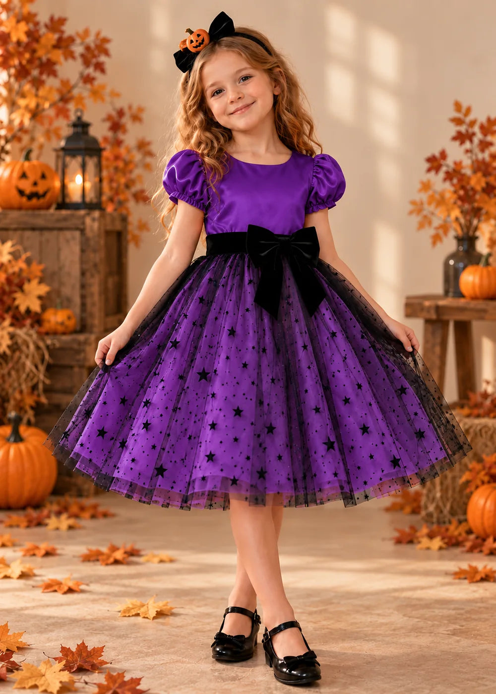 Front view of a purple star Tulle Flower Girl Dress with Puff Sleeves and Bow.
