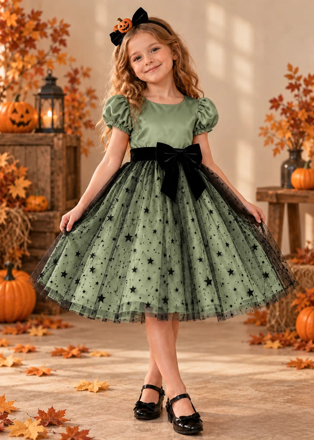 Front view of a sage green star Tulle Flower Girl Dress with Puff Sleeves and Bow.