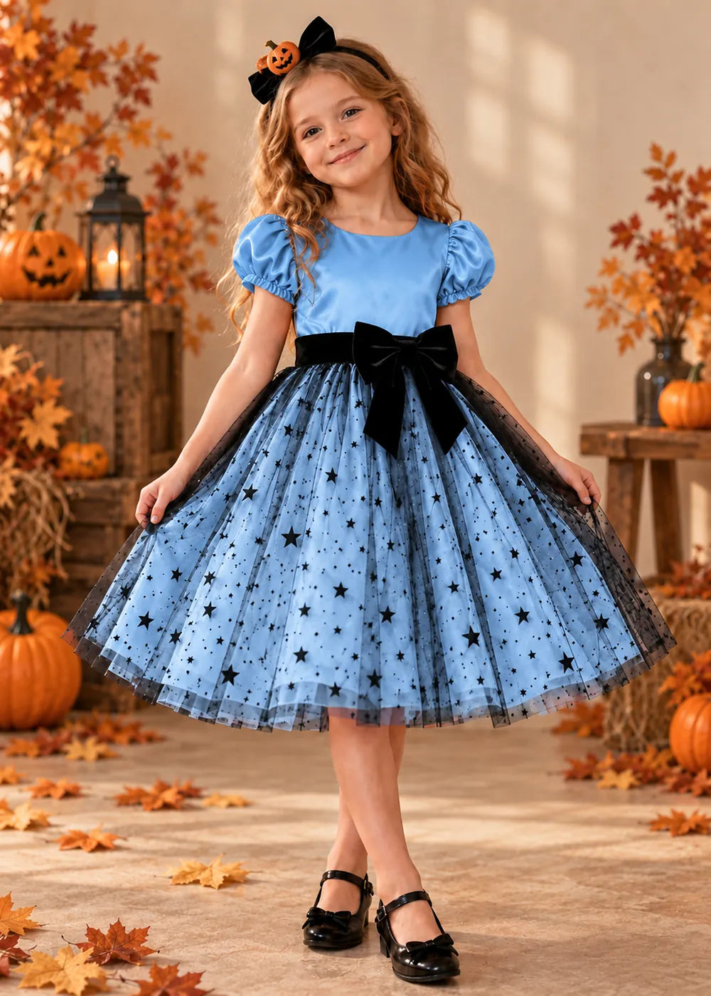 Front view of a sky blue star Tulle Flower Girl Dress with Puff Sleeves and Bow.