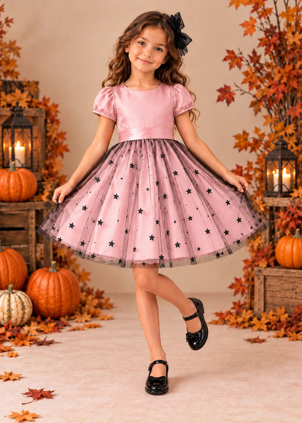 Front view of a blush pink puff-Sleeve Star Tulle Flower Girl Dress.