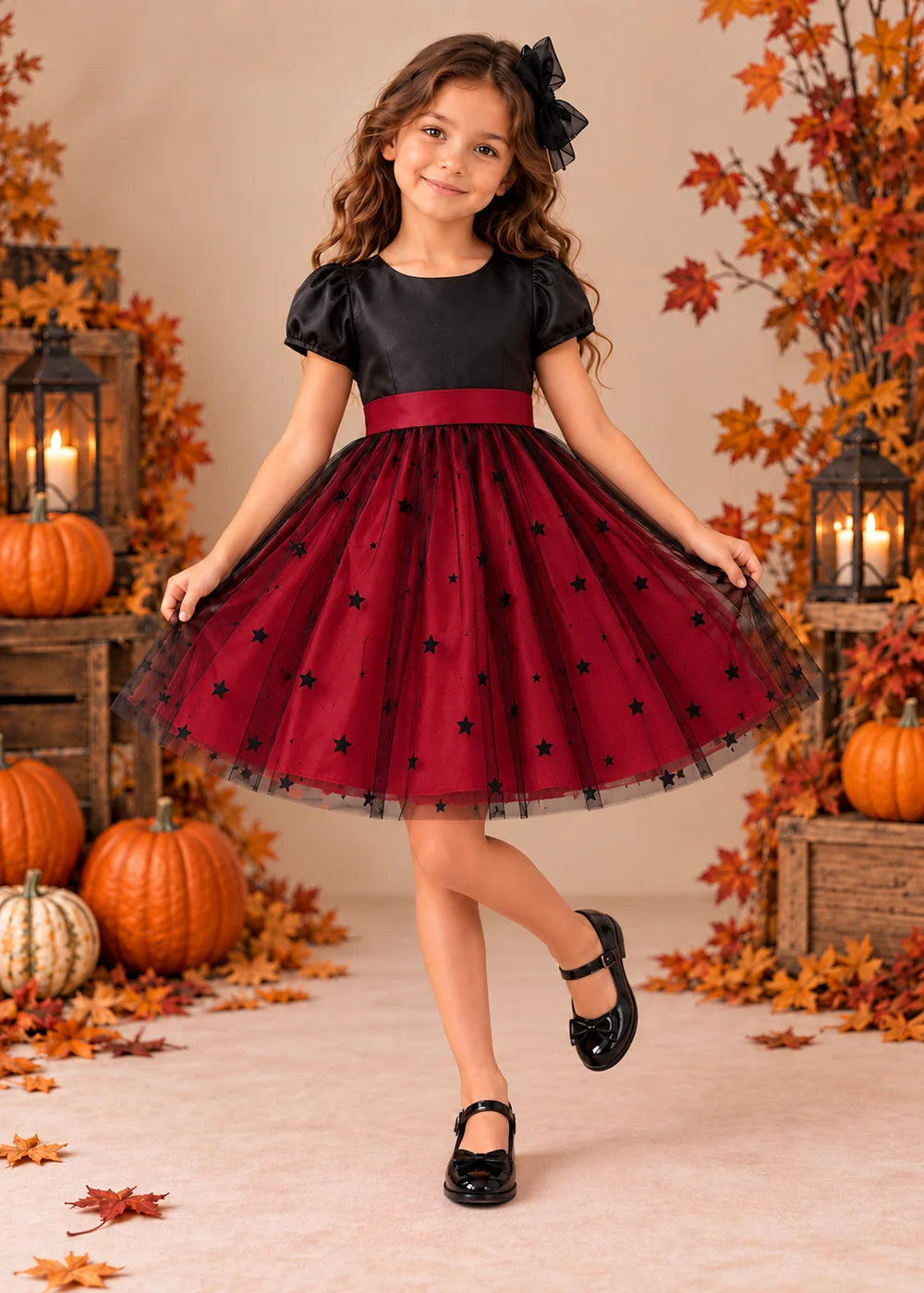 Front view of a burgundy puff-Sleeve Star Tulle Flower Girl Dress.