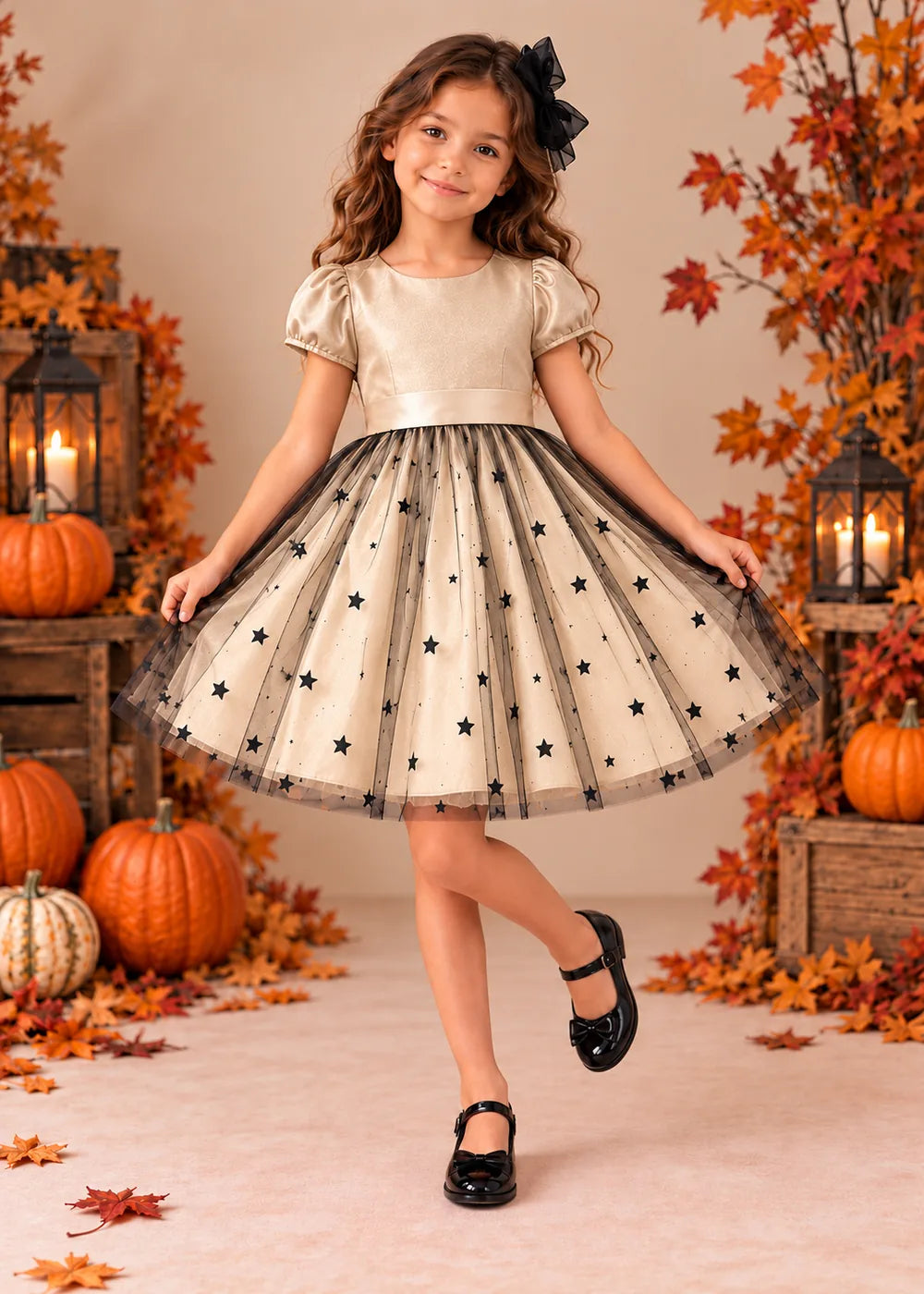 Front view of a champagne puff-Sleeve Star Tulle Flower Girl Dress.