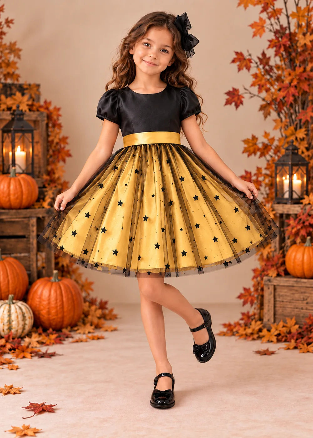 Front view of a gold puff-Sleeve Star Tulle Flower Girl Dress.