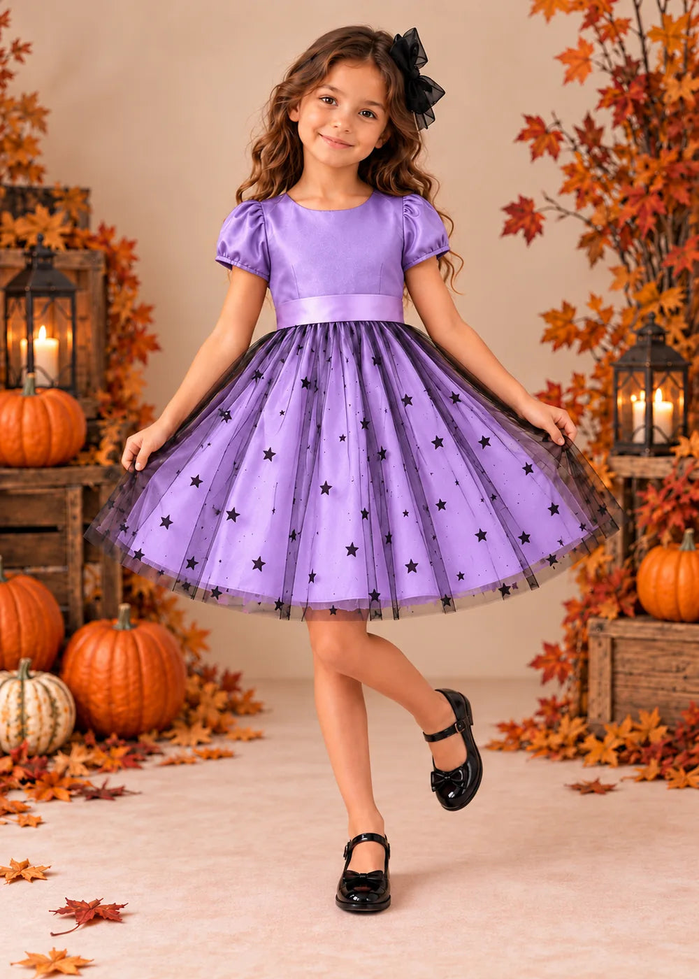 Front view of a lavender puff-Sleeve Star Tulle Flower Girl Dress.