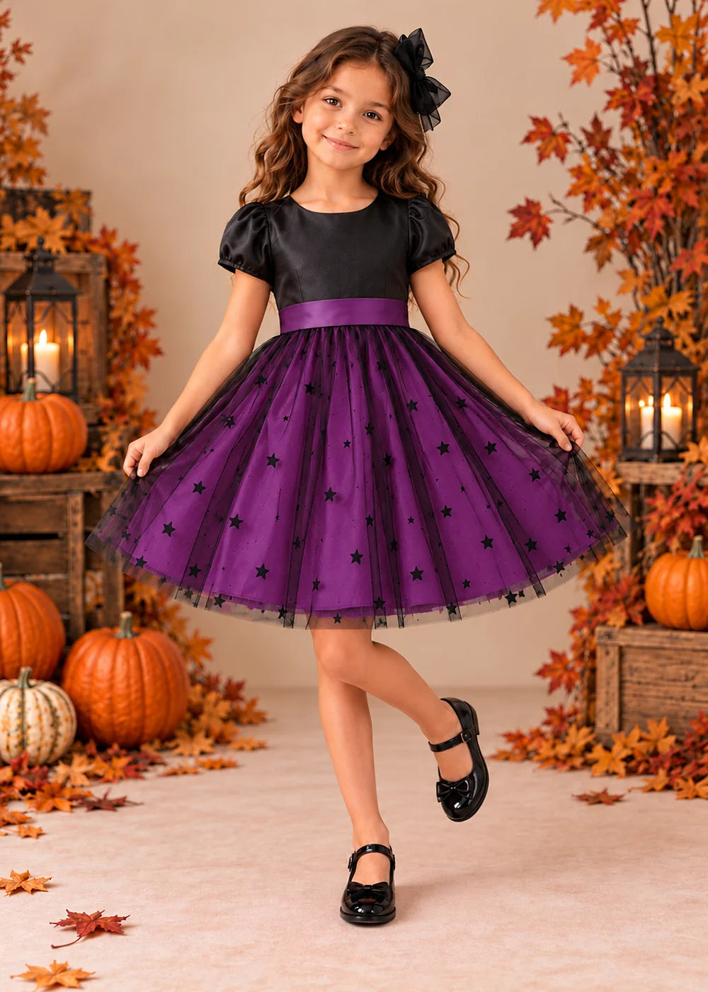 Front view of a purple puff-Sleeve Star Tulle Flower Girl Dress.
