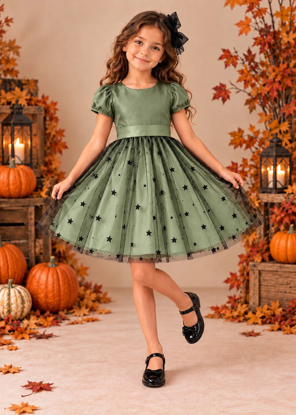Front view of a sage green puff-Sleeve Star Tulle Flower Girl Dress.