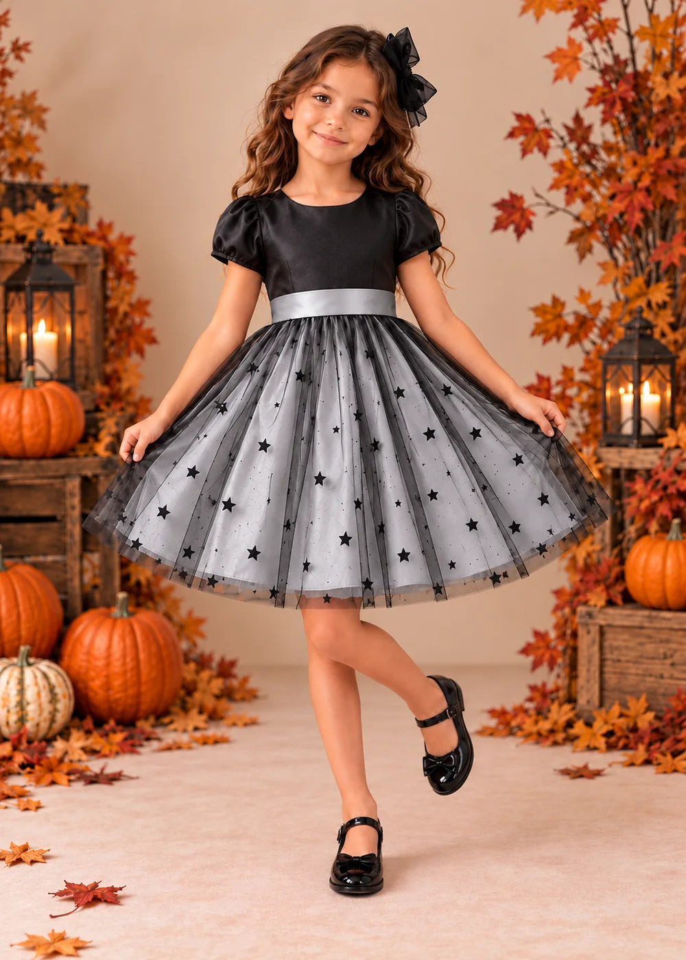 Front view of a silver gray puff-Sleeve Star Tulle Flower Girl Dress.