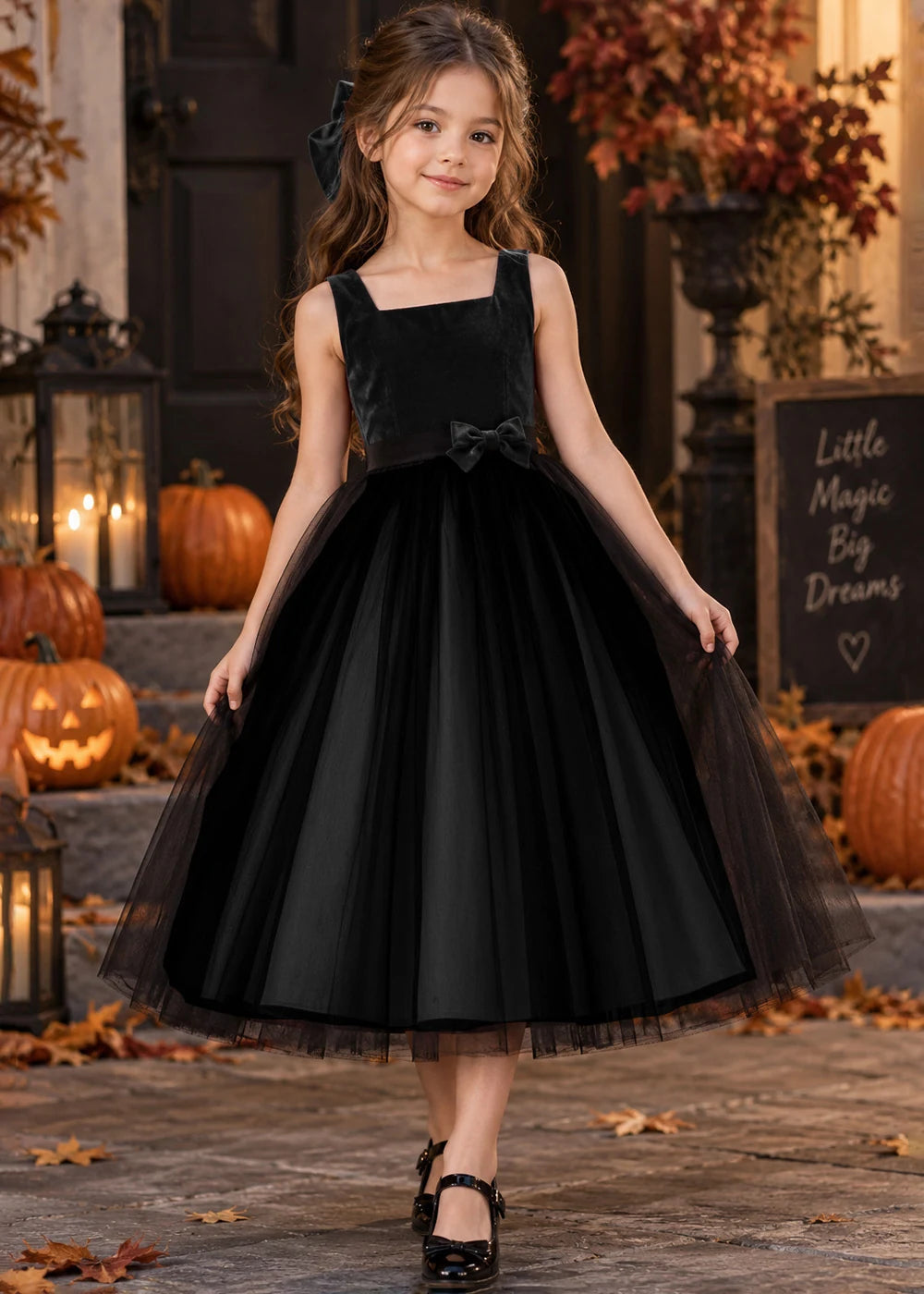 Front view of a black sleeveless Flower Girl Dress.
