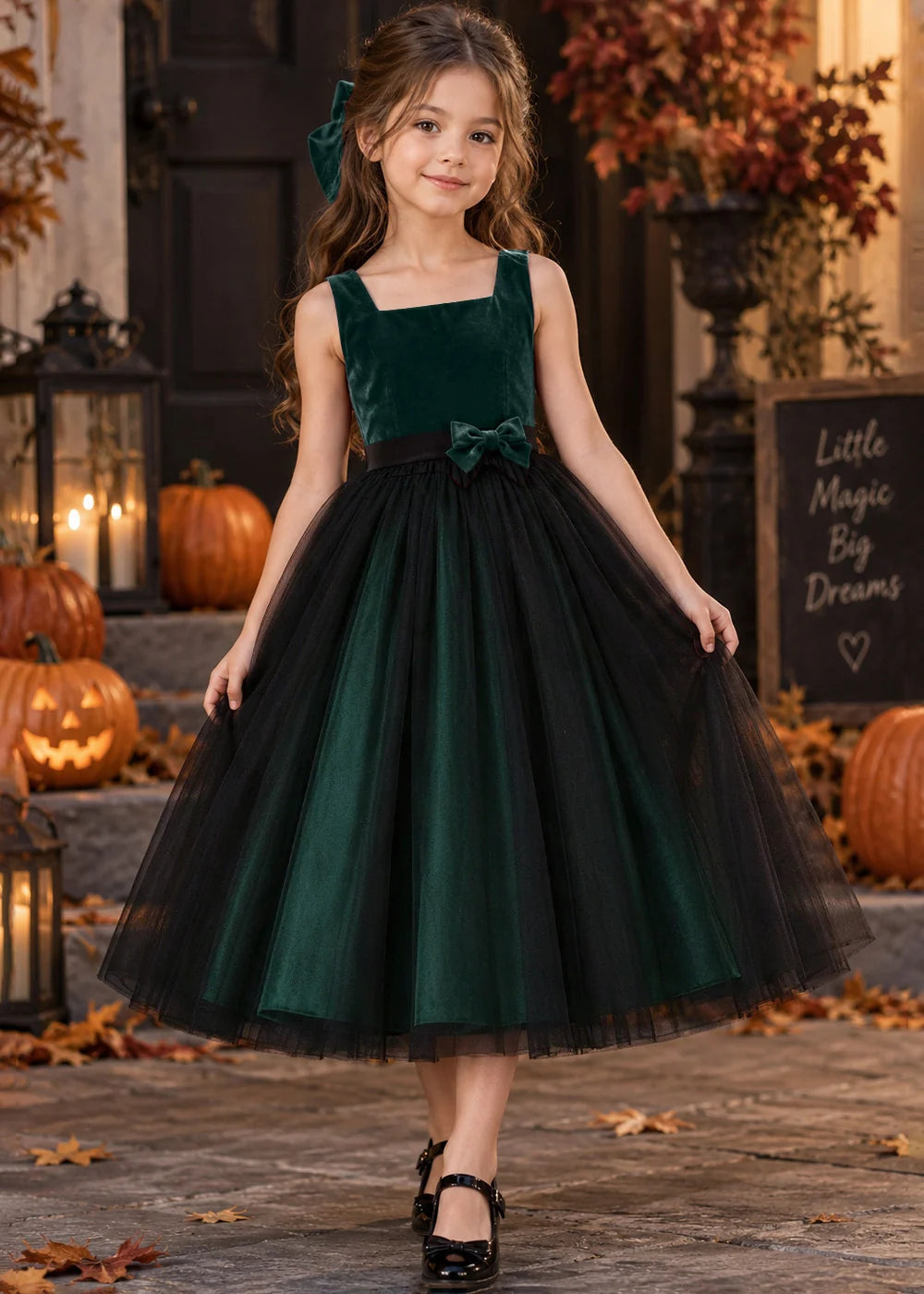 Front view of a emerald green sleeveless Flower Girl Dress.