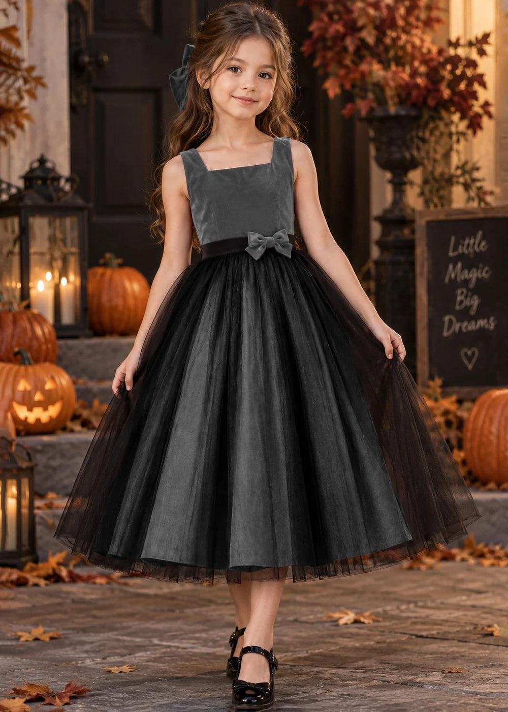 Front view of a gray sleeveless Flower Girl Dress.
