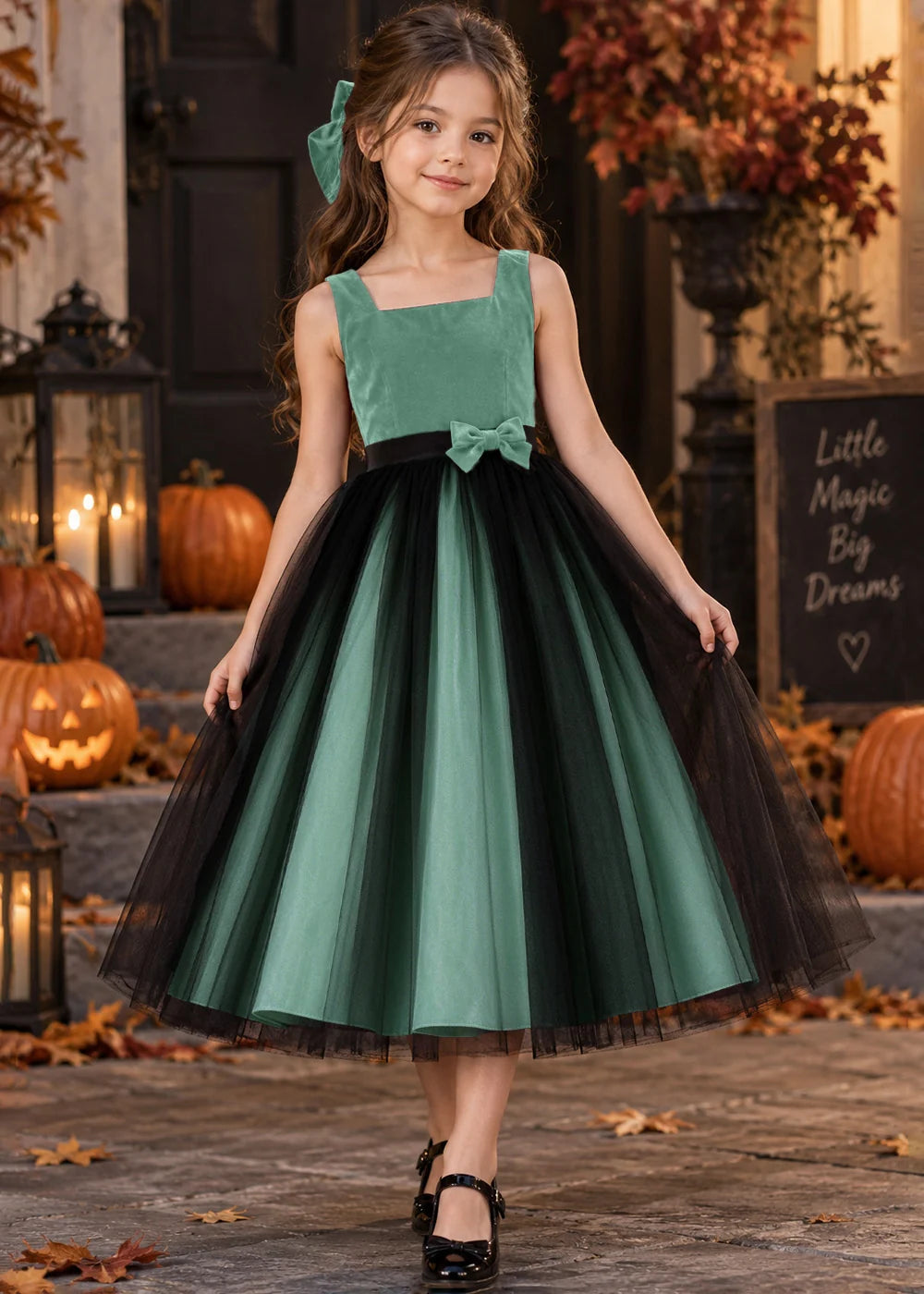 Front view of a light green sleeveless Flower Girl Dress.