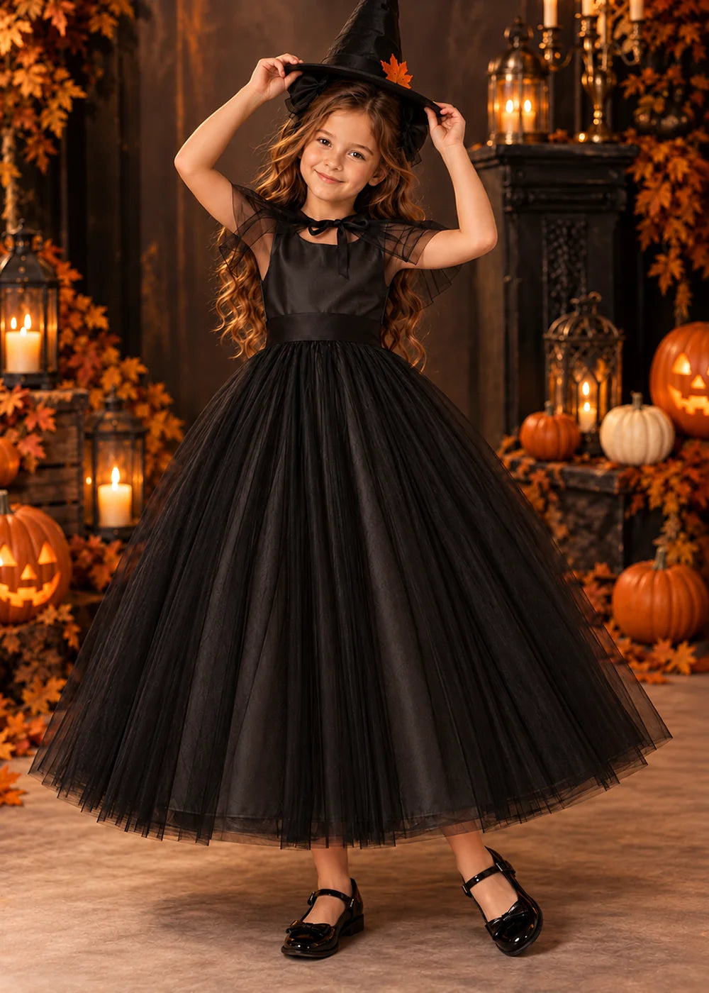Front view of a black and Black Flower Girl Dress with Sheer Neckline Tie.