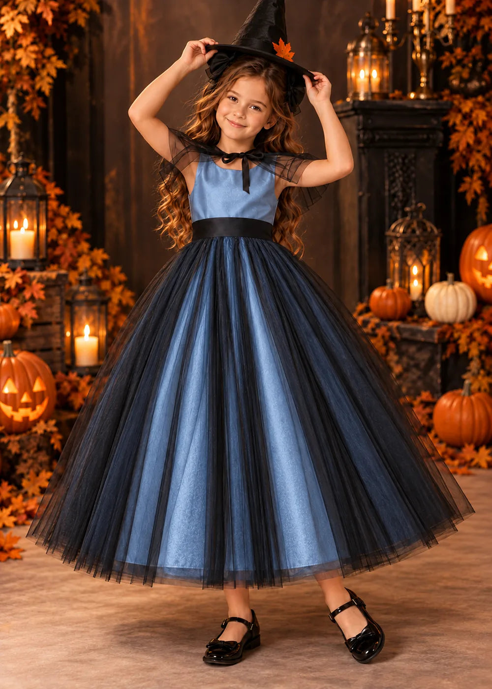 Front view of a dusty blue and Black Flower Girl Dress with Sheer Neckline Tie.