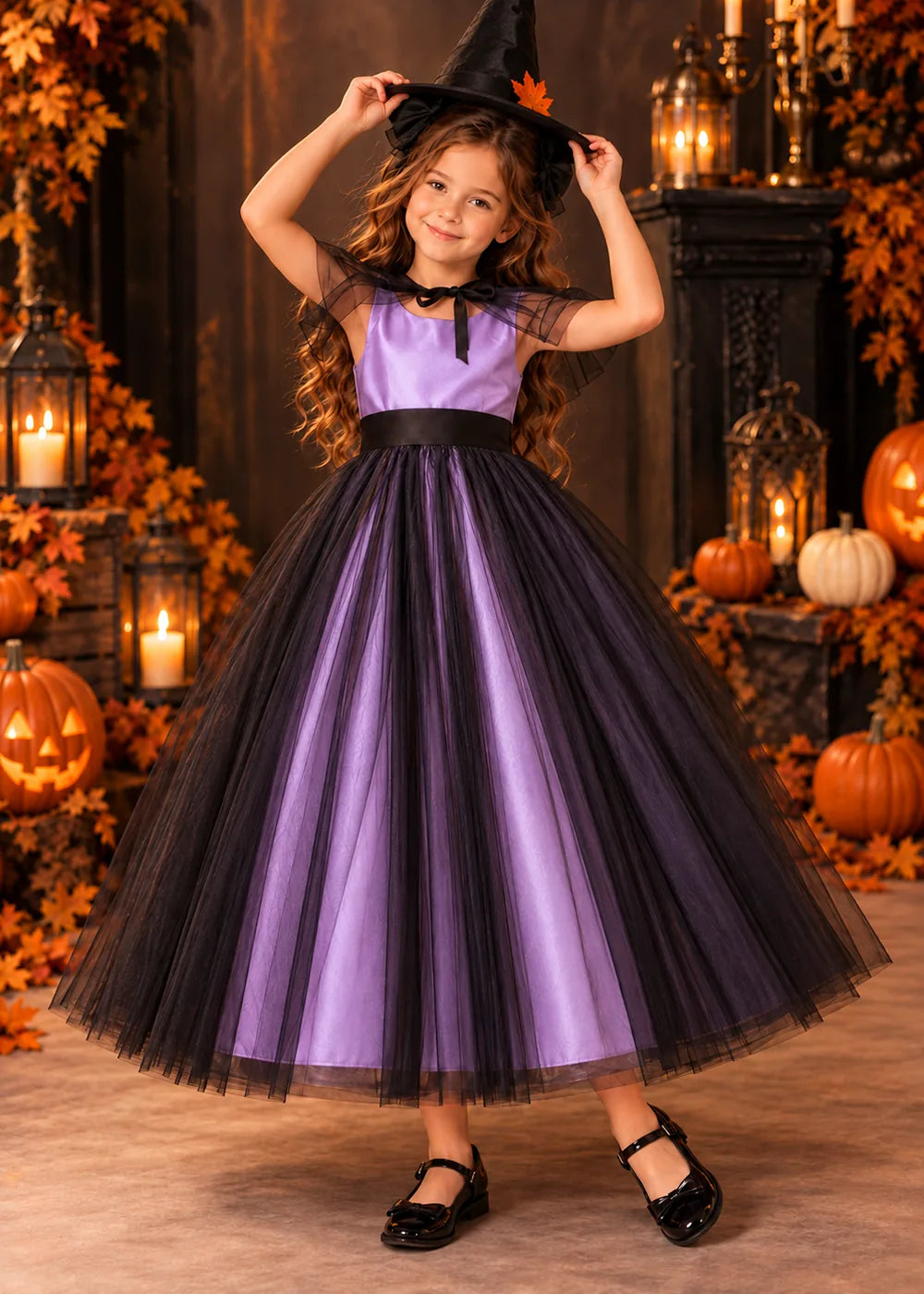 Front view of a lavender and Black Flower Girl Dress with Sheer Neckline Tie.