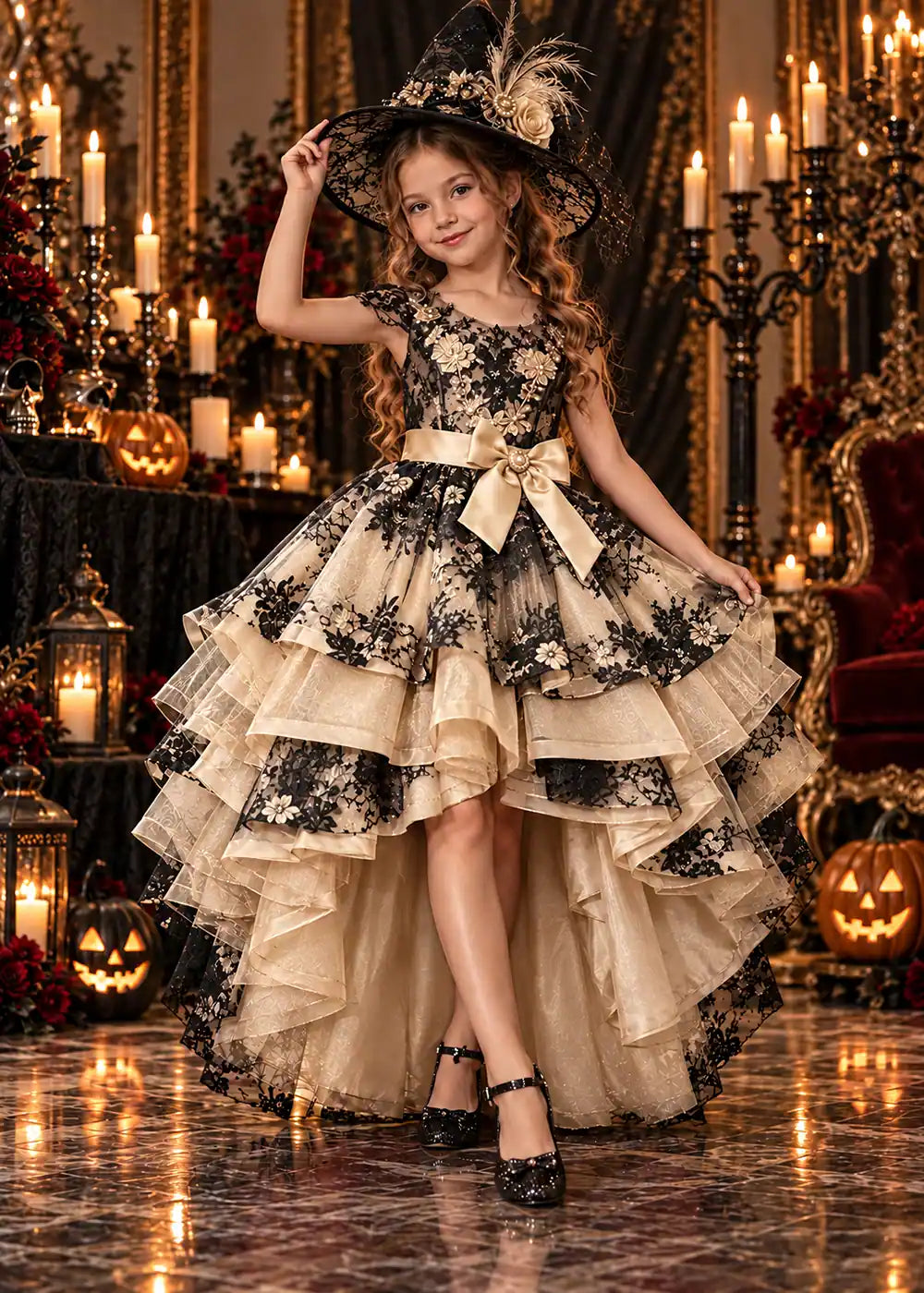 Front view of a champagne high-Low Flower Girl Dress with Black Floral Lace.