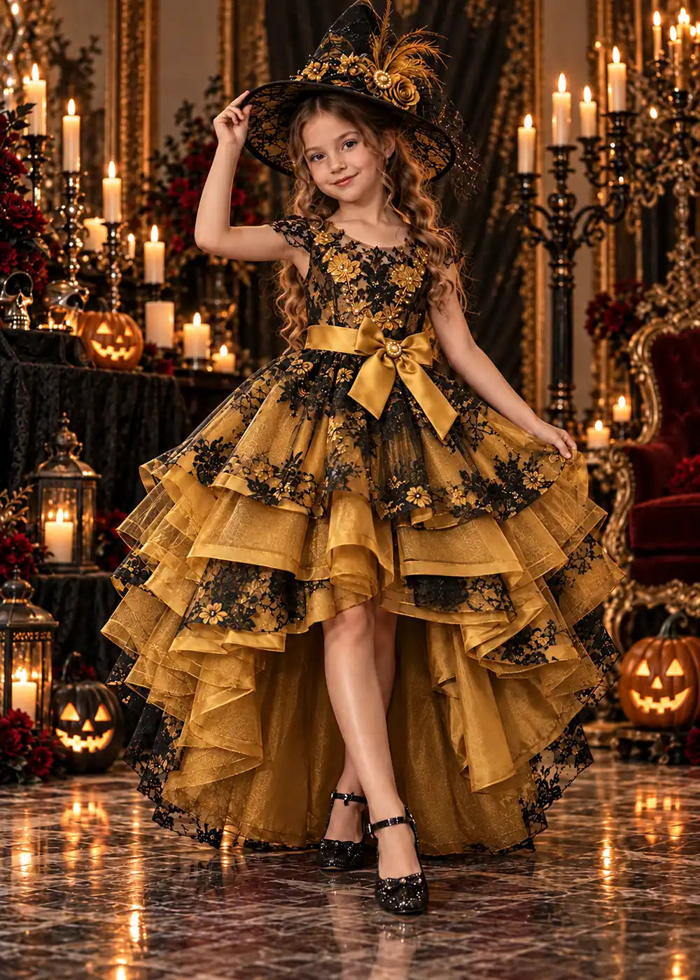 Front view of a gold high-Low Flower Girl Dress with Black Floral Lace.