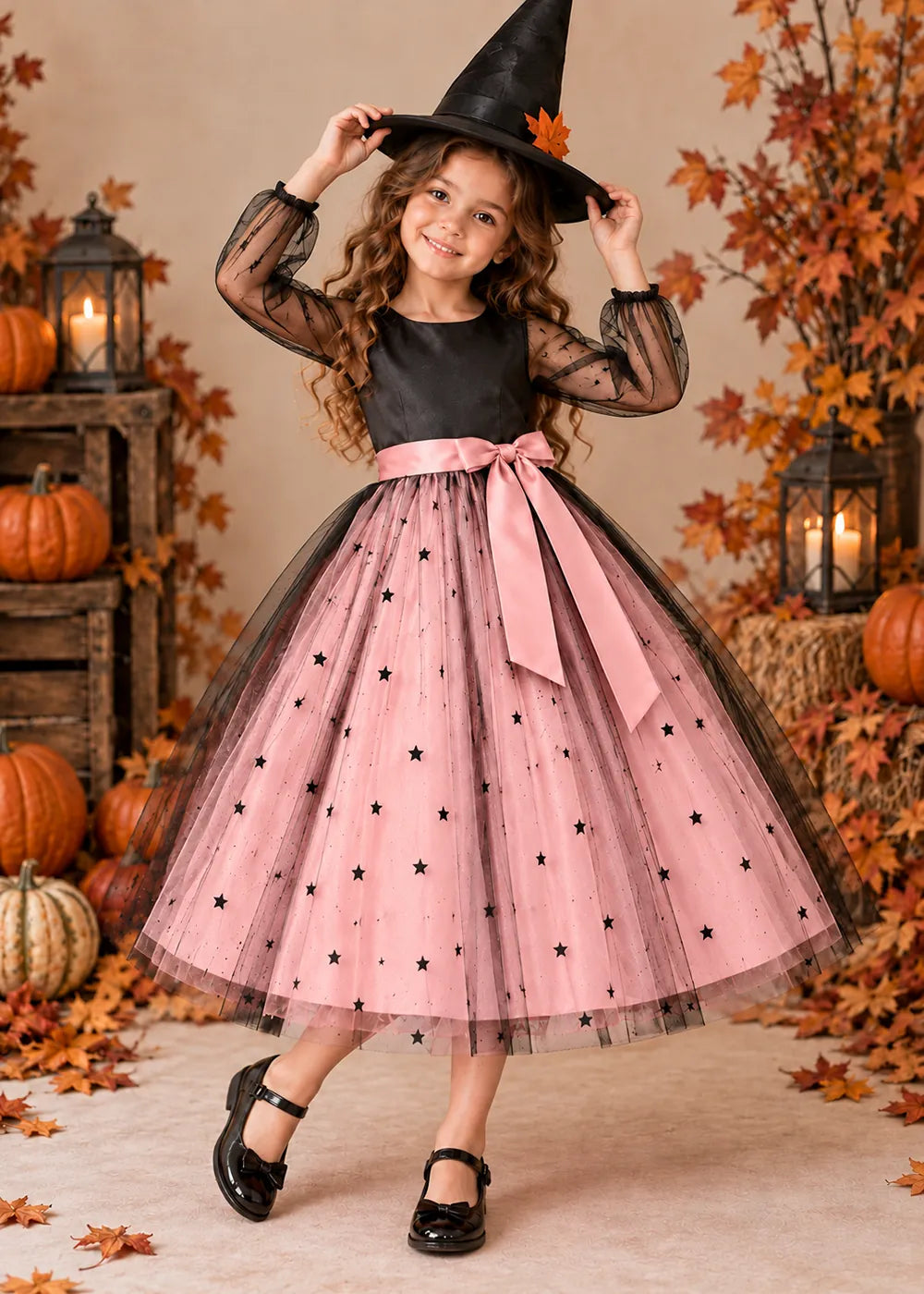 Front view of a blush pink star Tulle Flower Girl Dress with Sheer Sleeves.