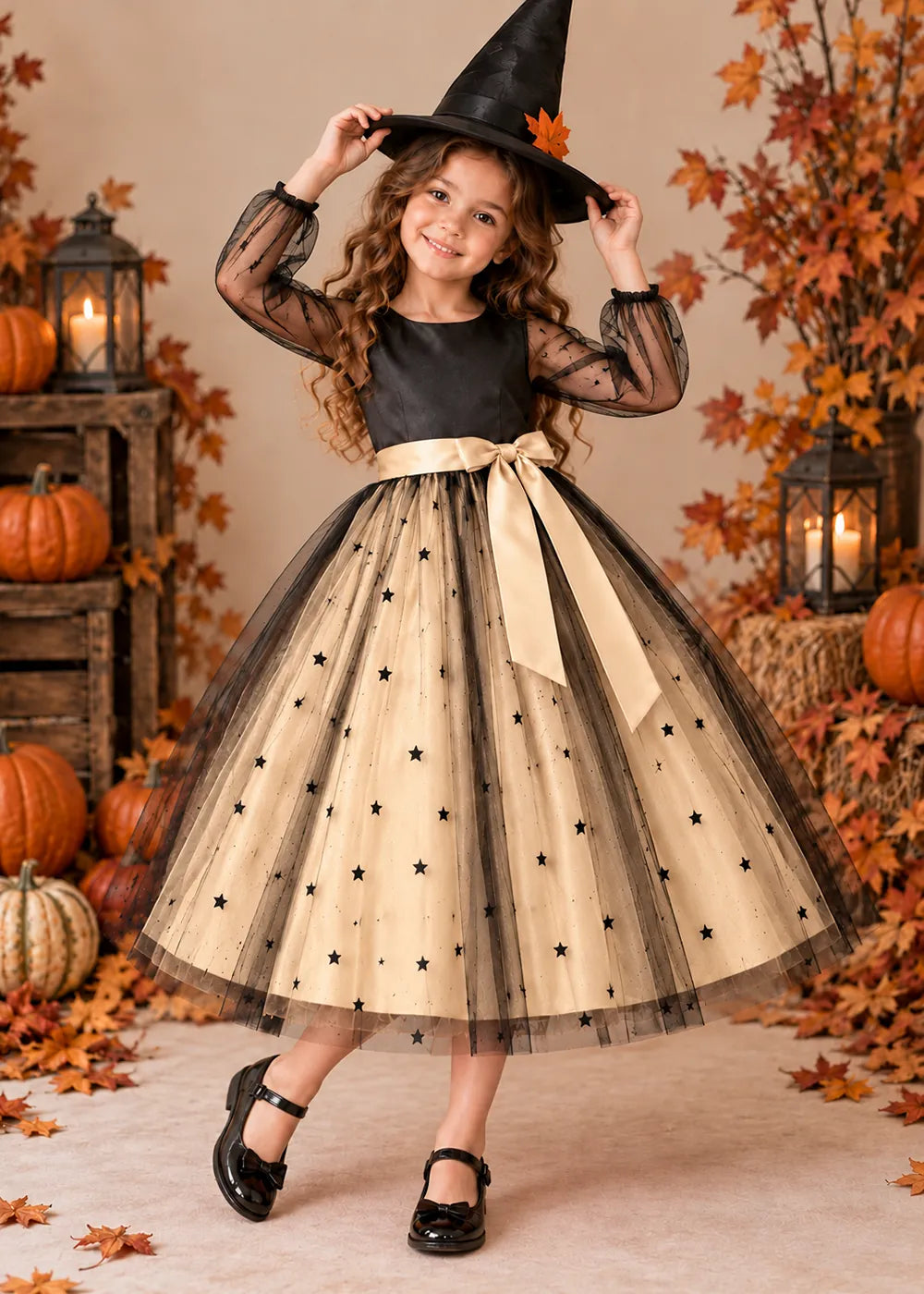 Front view of a champagne star Tulle Flower Girl Dress with Sheer Sleeves.