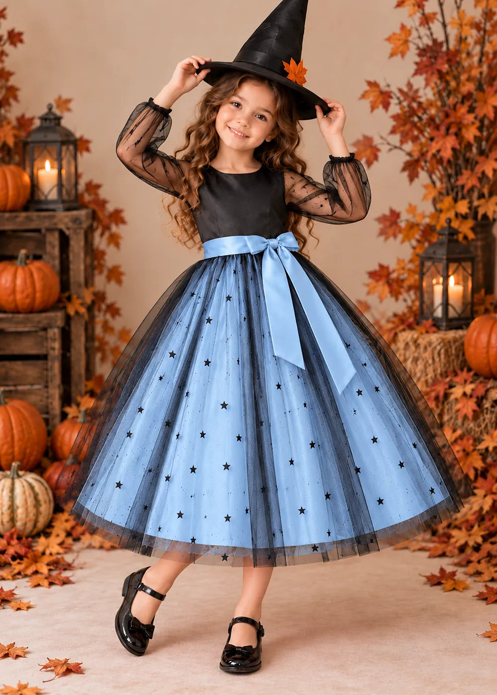 Front view of a light blue star Tulle Flower Girl Dress with Sheer Sleeves.