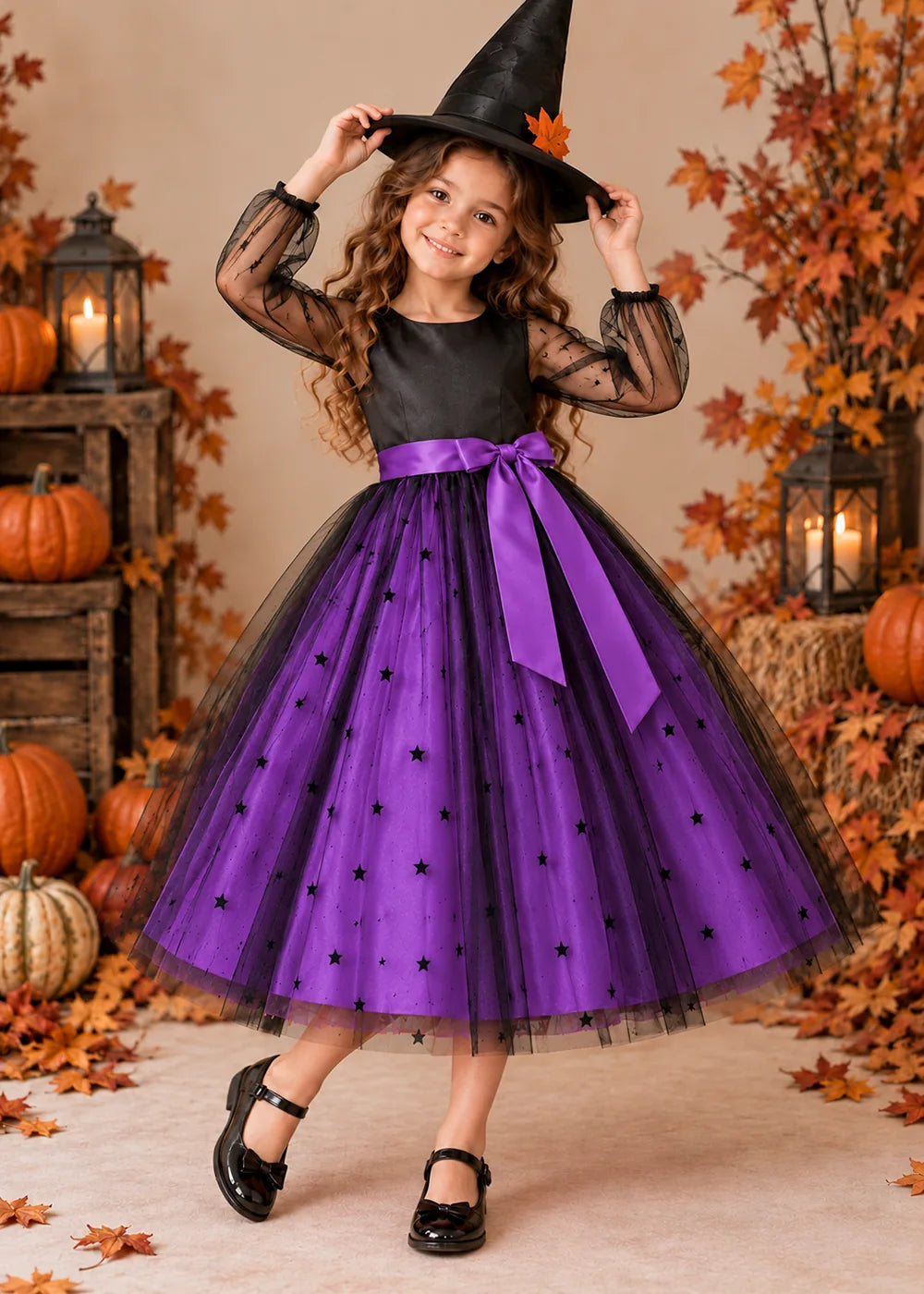 Front view of a purple star Tulle Flower Girl Dress with Sheer Sleeves.