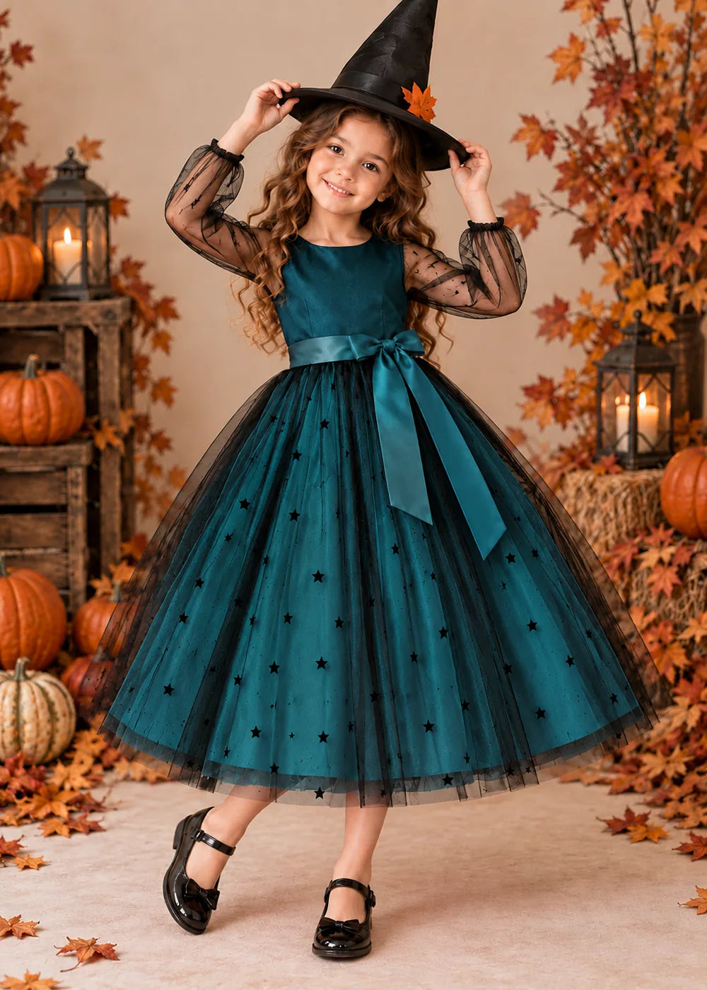 Front view of a teal star Tulle Flower Girl Dress with Sheer Sleeves.