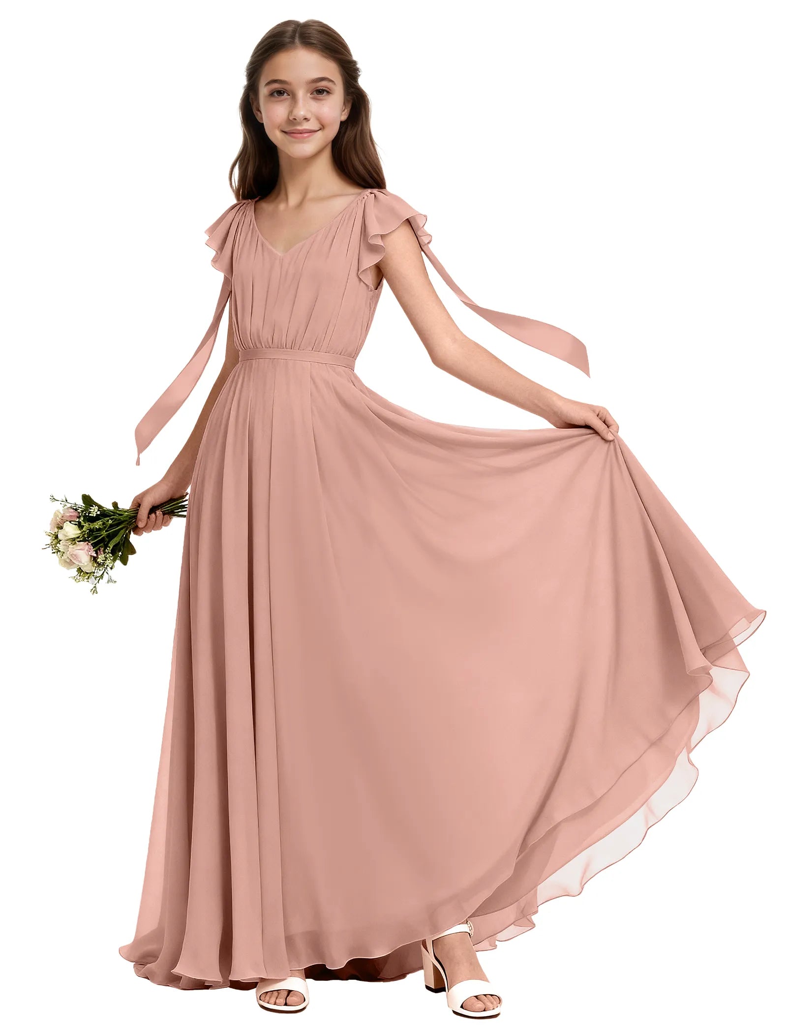 Girls Flutter Sleeve Maxi Dress with Shoulder Ties