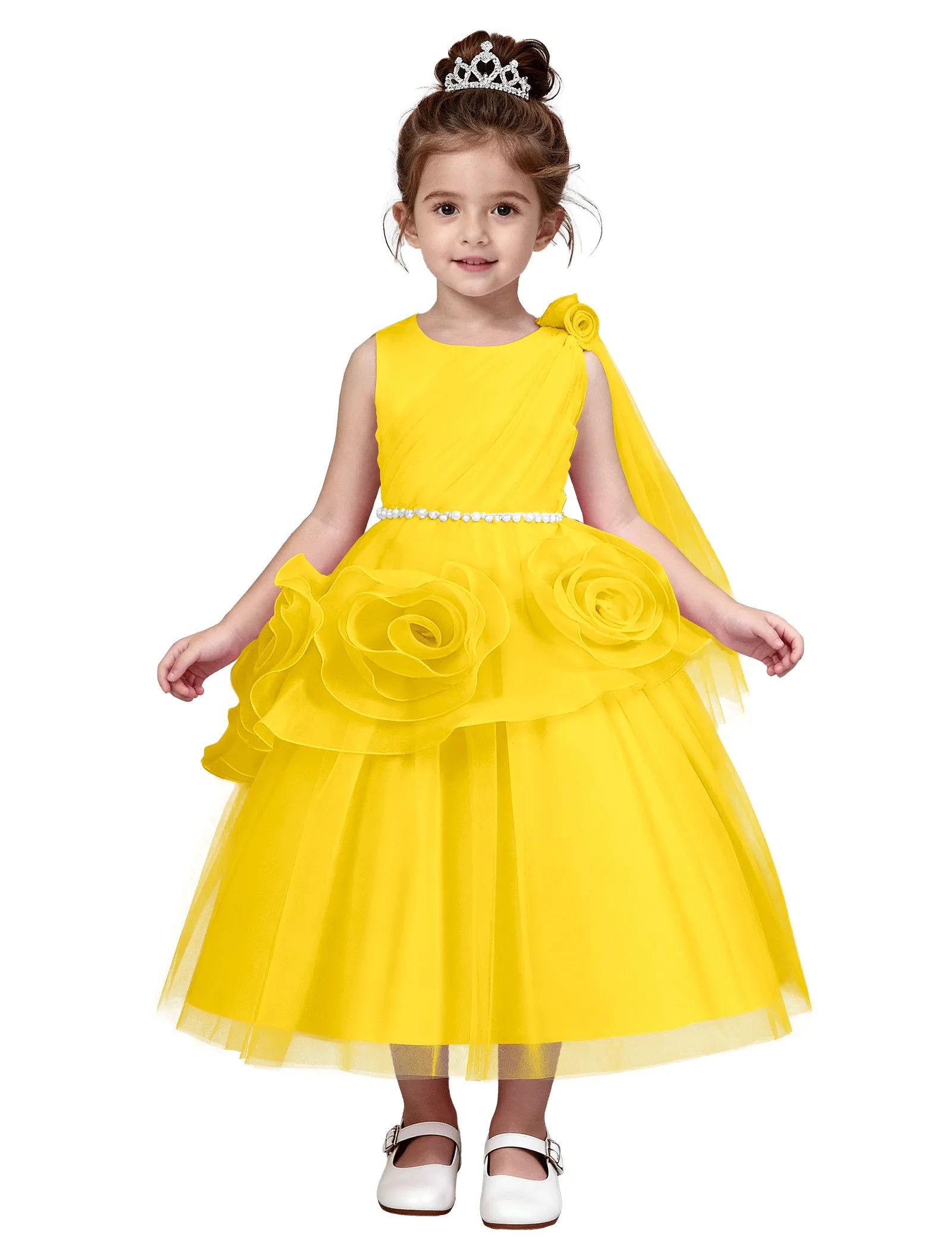3D Flower Girl Dress with Shoulder Train
