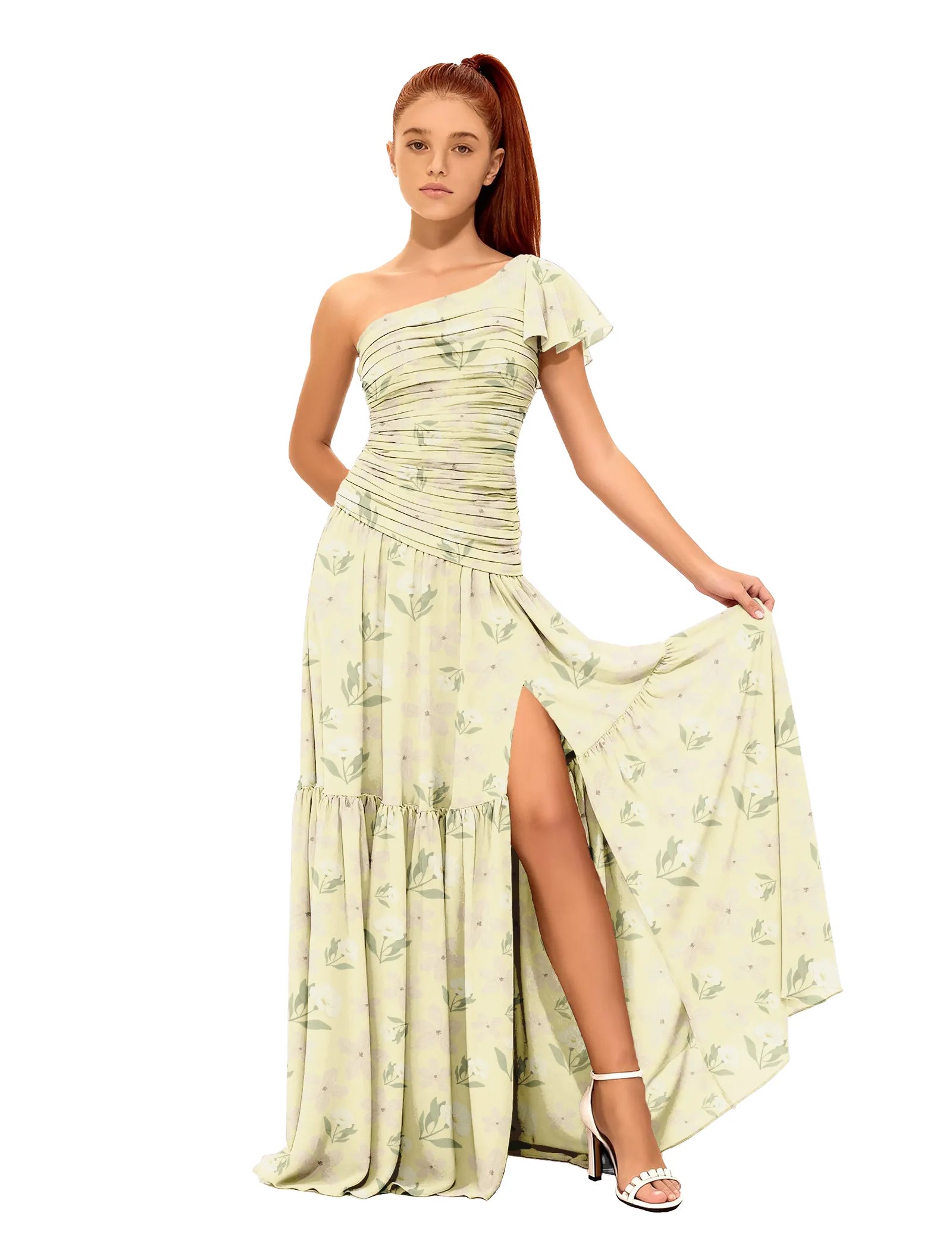 One-Shoulder Floral Maxi Dress with Slit for Girls