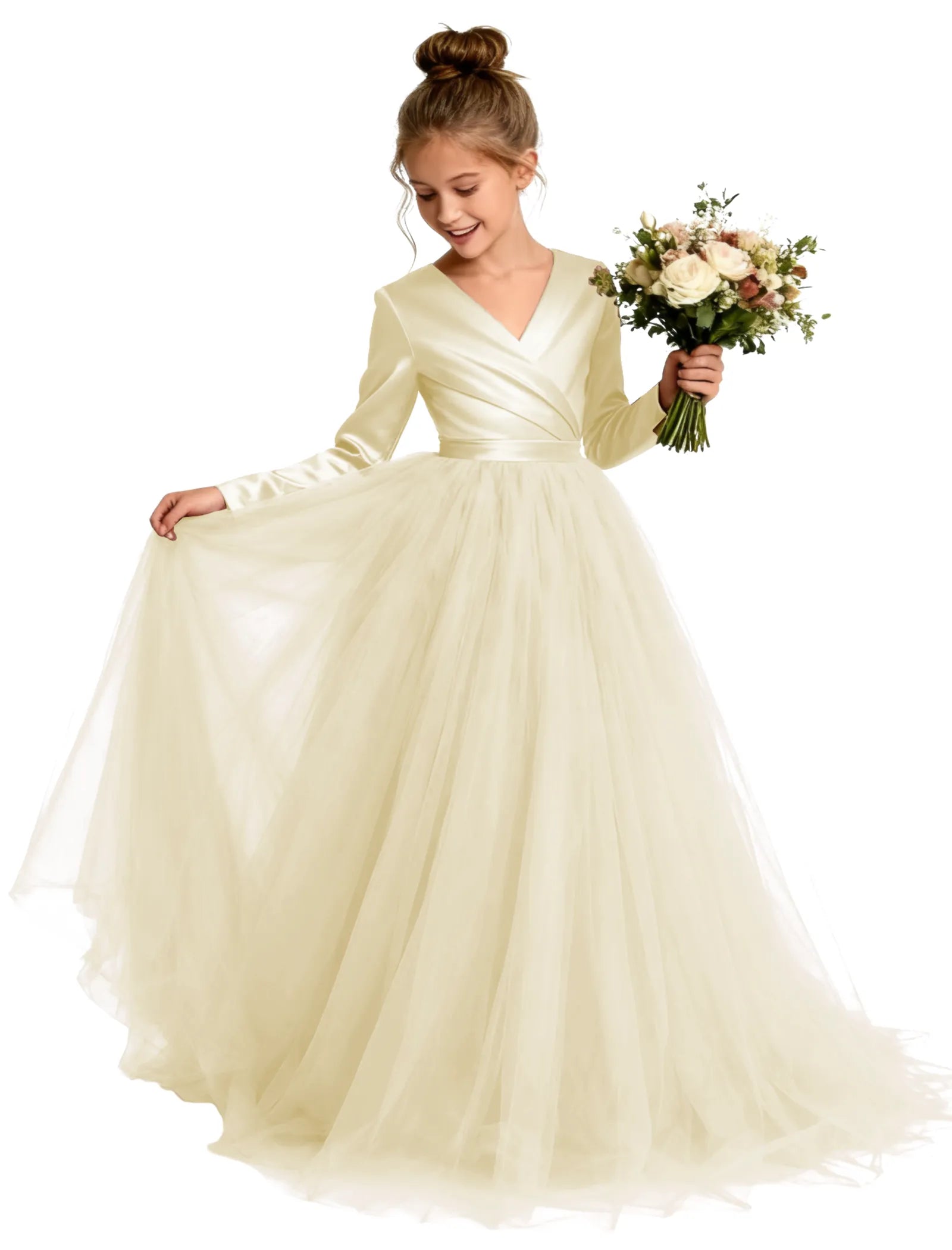 Long Sleeve Satin & Tulle Ball Gown for Girls