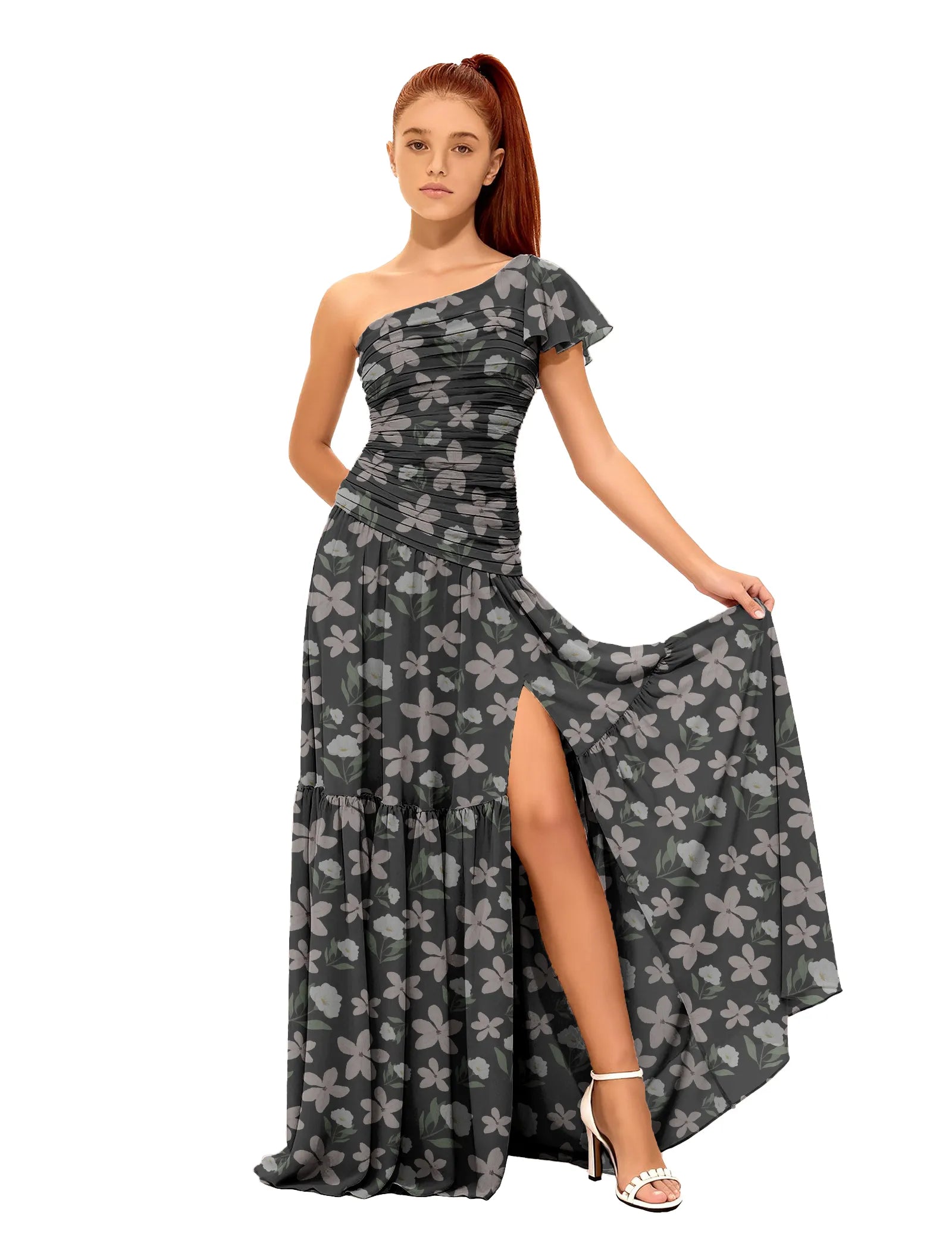 One-Shoulder Floral Maxi Dress with Slit for Girls