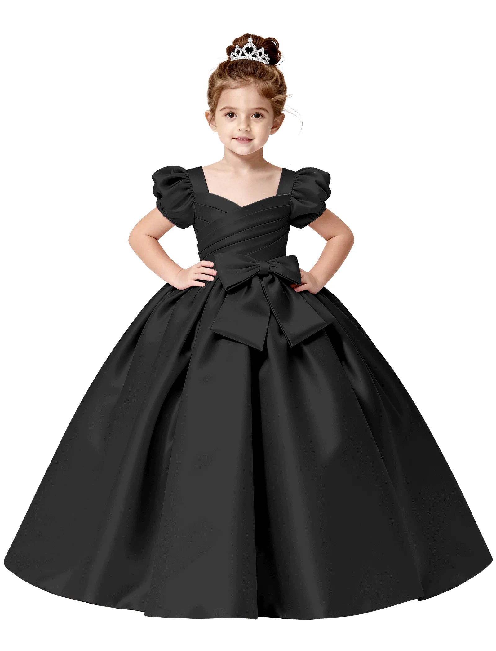 Royal Satin Puff Sleeve Flower Girl Gown