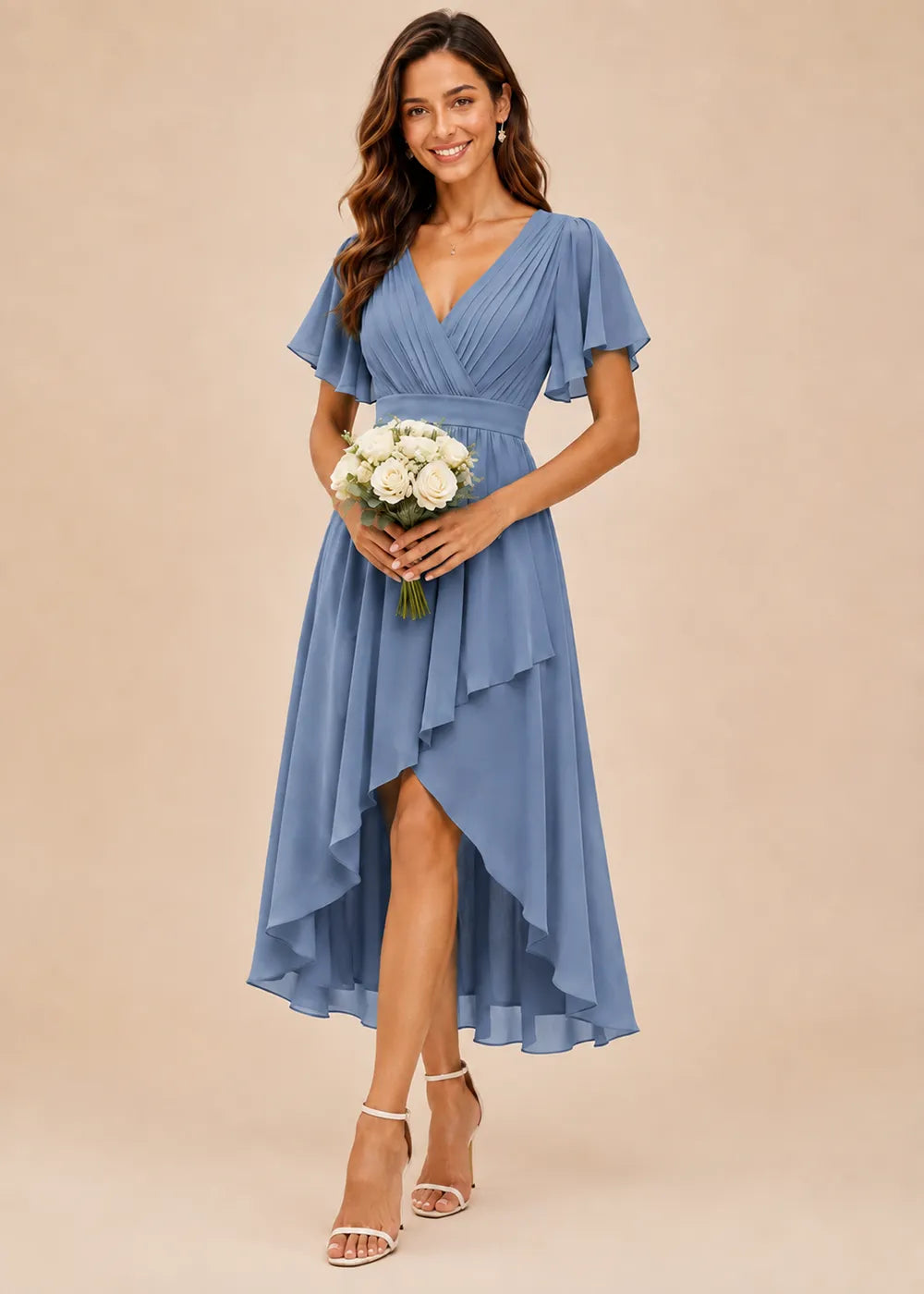 Flutter Sleeve A-Line Chiffon Midi Dress
