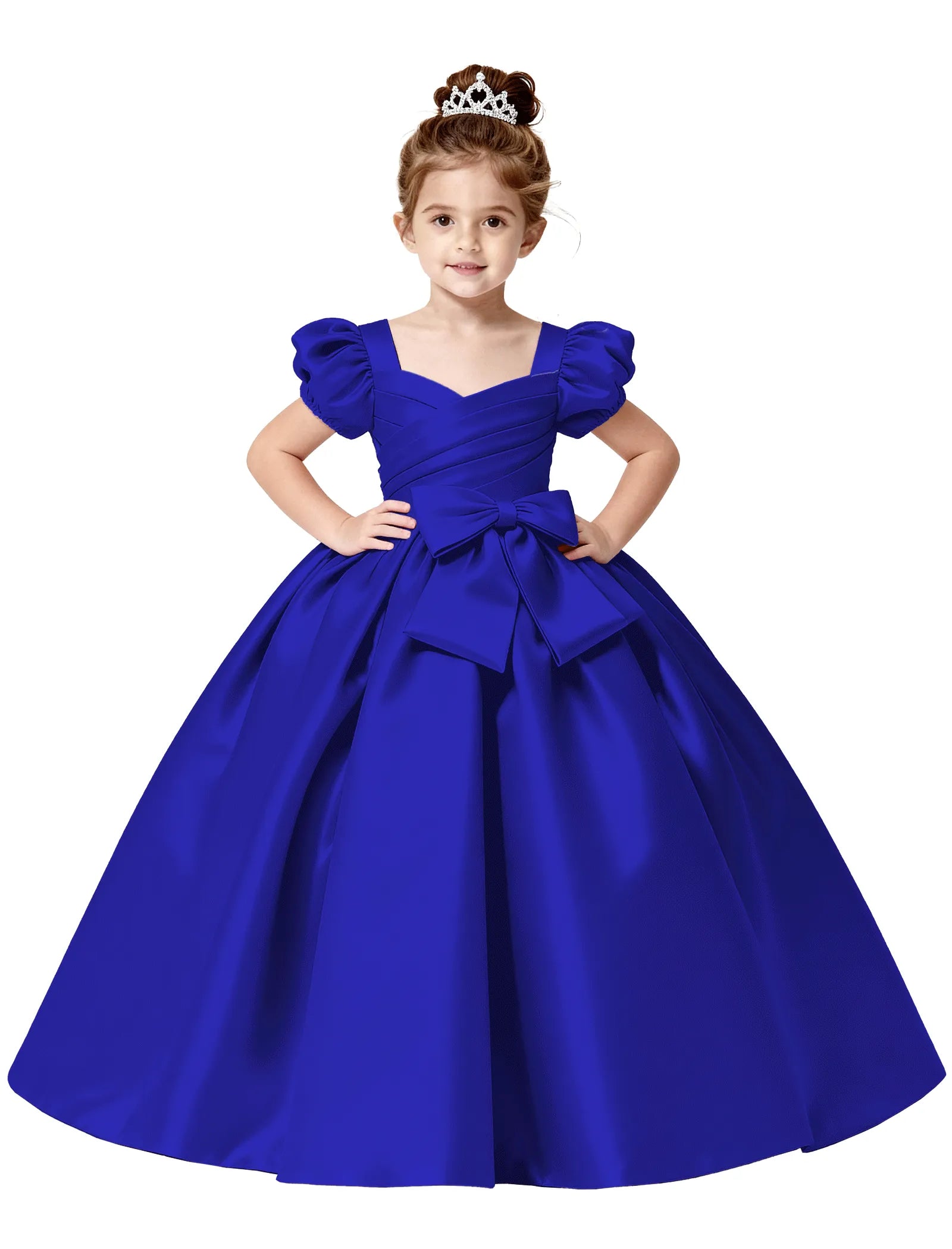 Royal Satin Puff Sleeve Flower Girl Gown