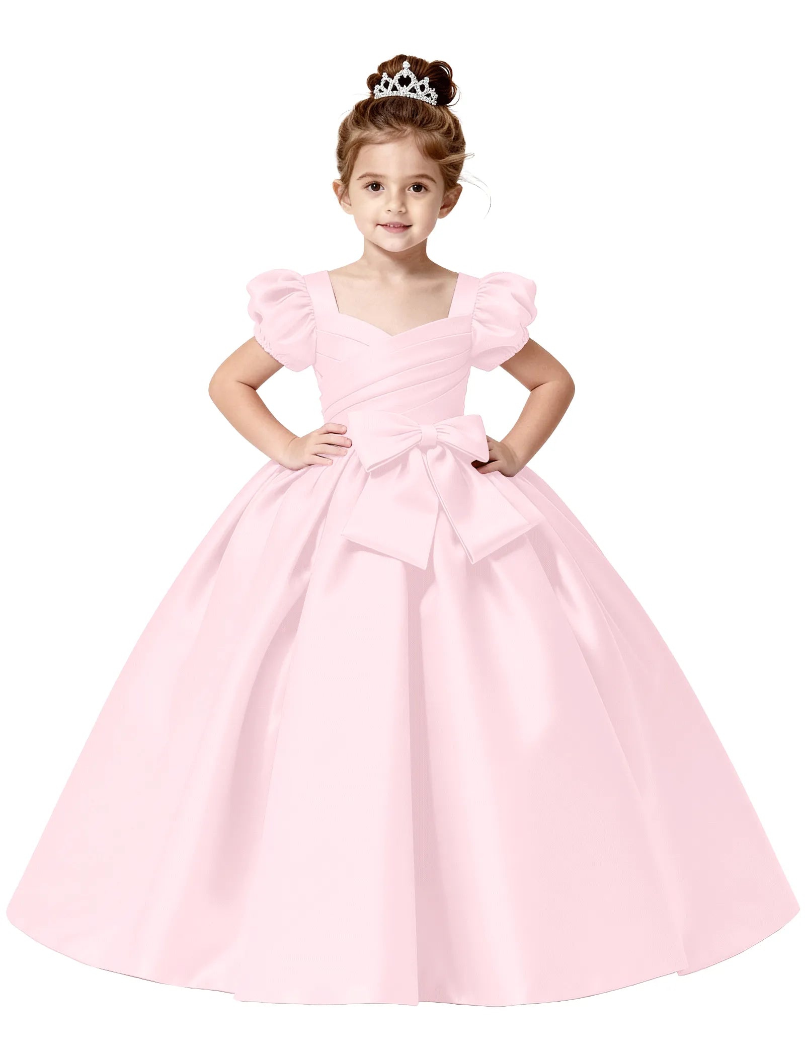 Royal Satin Puff Sleeve Flower Girl Gown