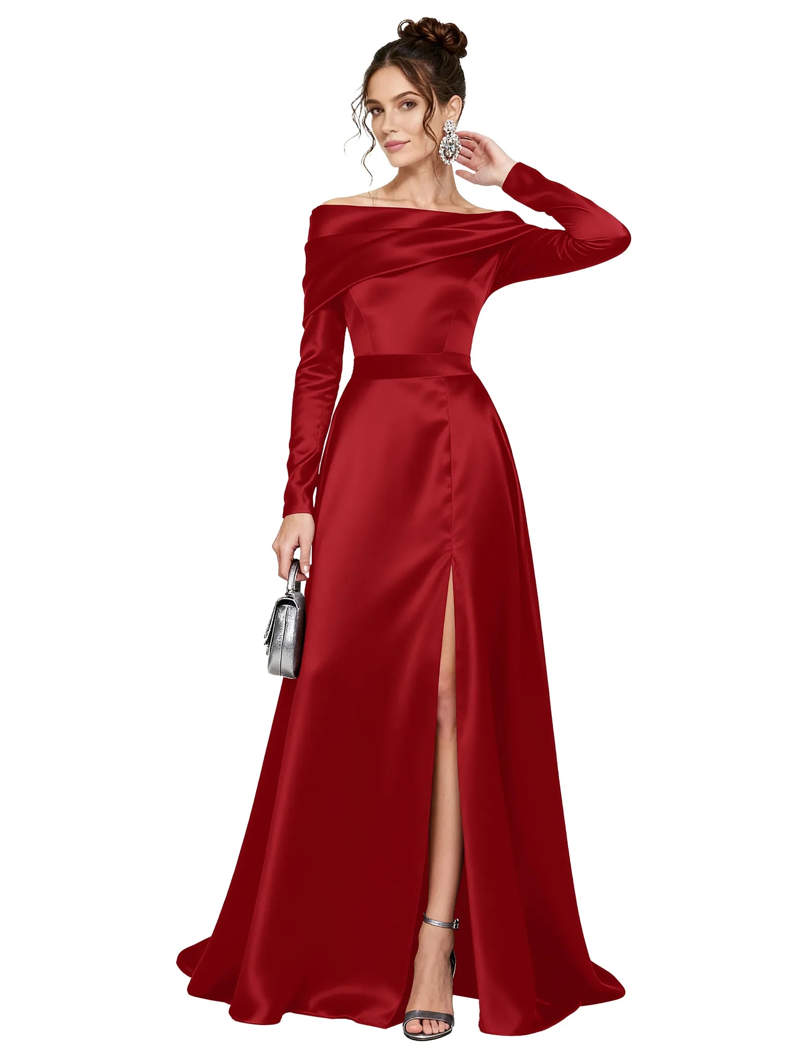 Off Shoulder Satin Formal Dress with Long Sleeves