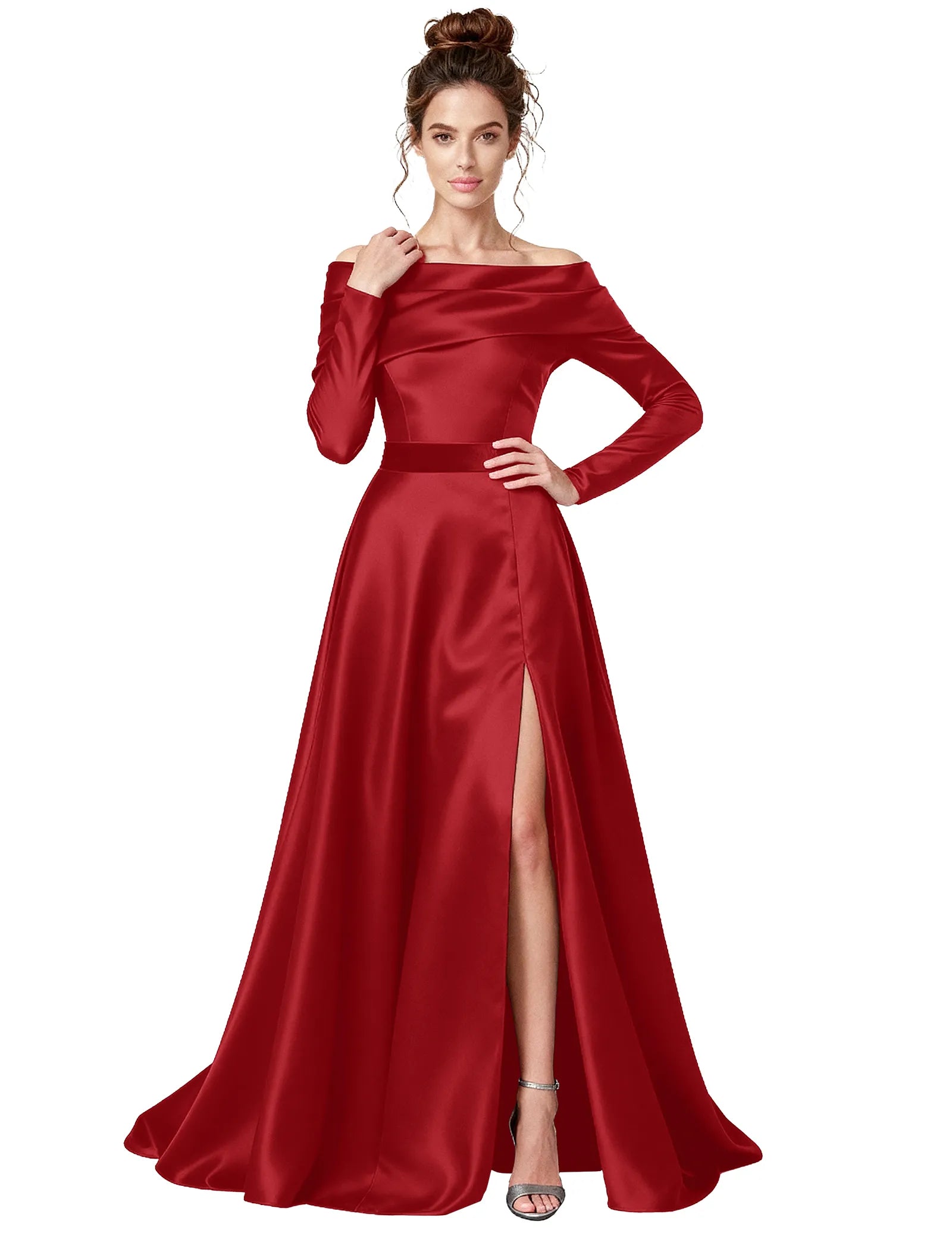 Off Shoulder Satin Formal Dress with Long Sleeves