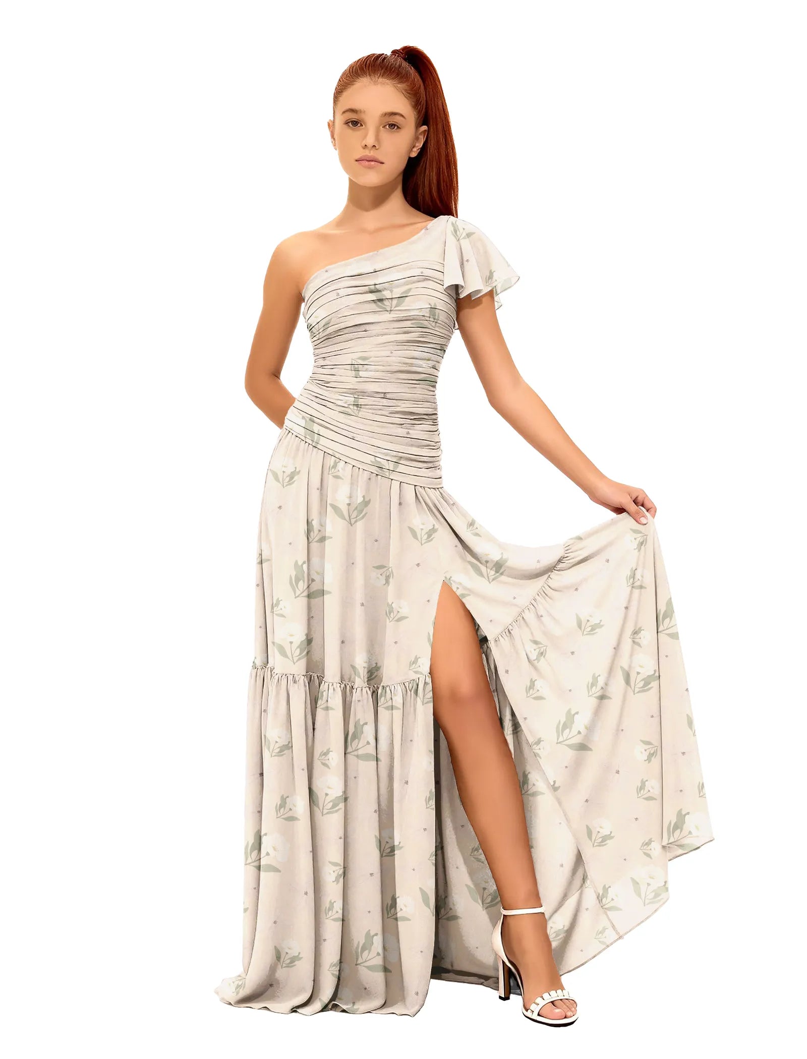 One-Shoulder Floral Maxi Dress with Slit for Girls