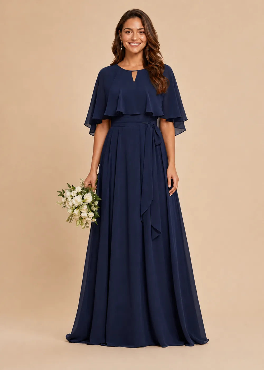 Refined Waist-Tie Chiffon Floor-Length Formal Dress