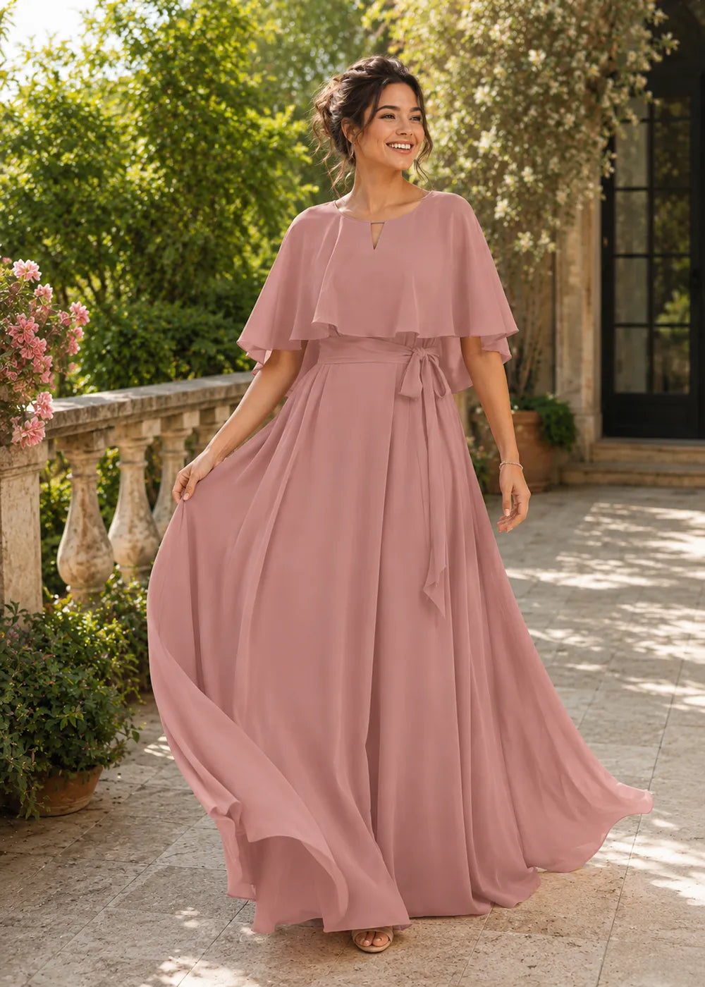 Refined Waist-Tie Chiffon Floor-Length Formal Dress
