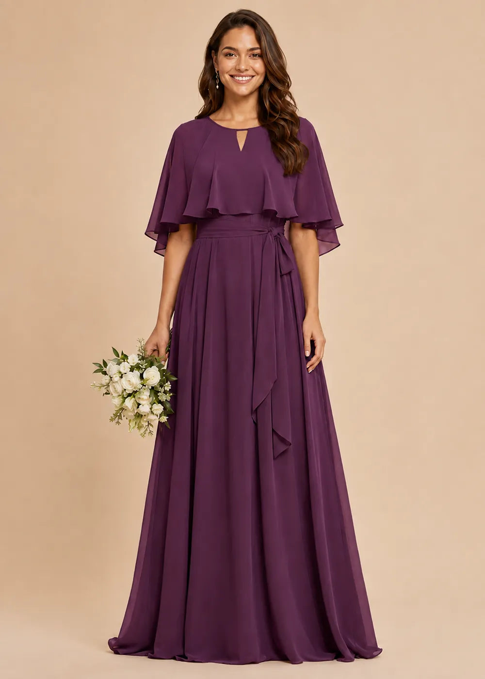 Refined Waist-Tie Chiffon Floor-Length Formal Dress